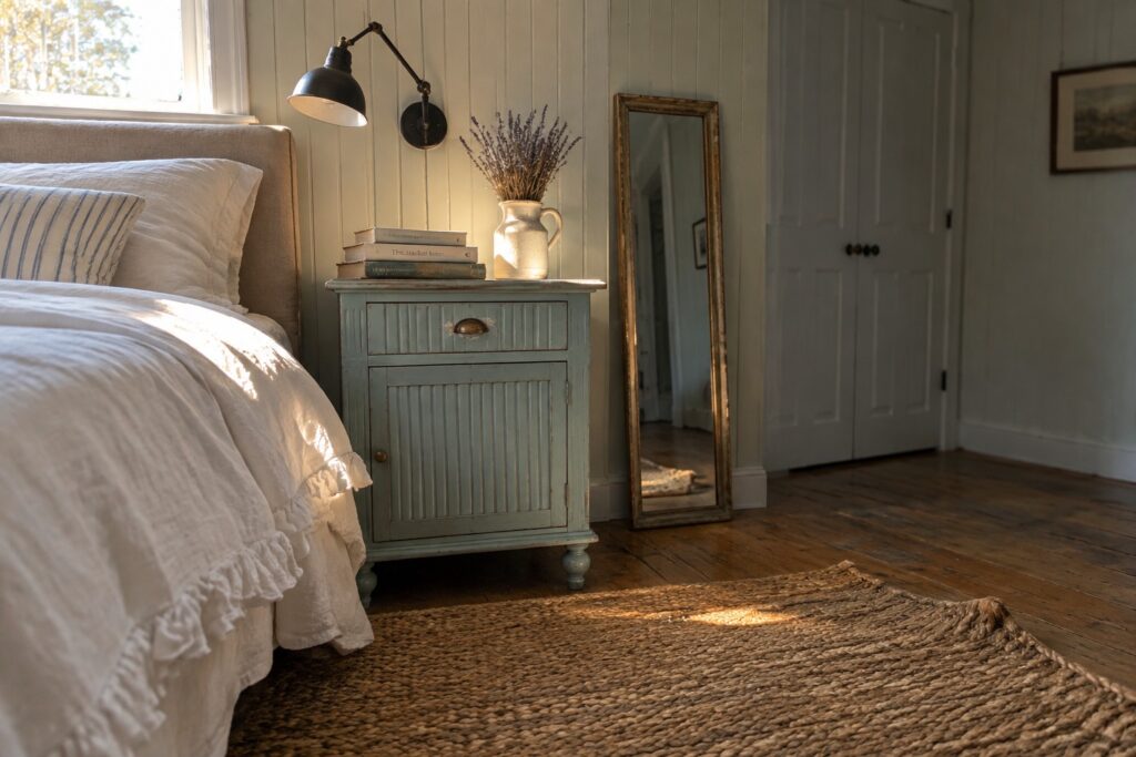A light green chalk-painted nightstand with a fluted drawer and cabinet door stands beside a bed with white linens, holding stacked books and a vase of dried lavender.