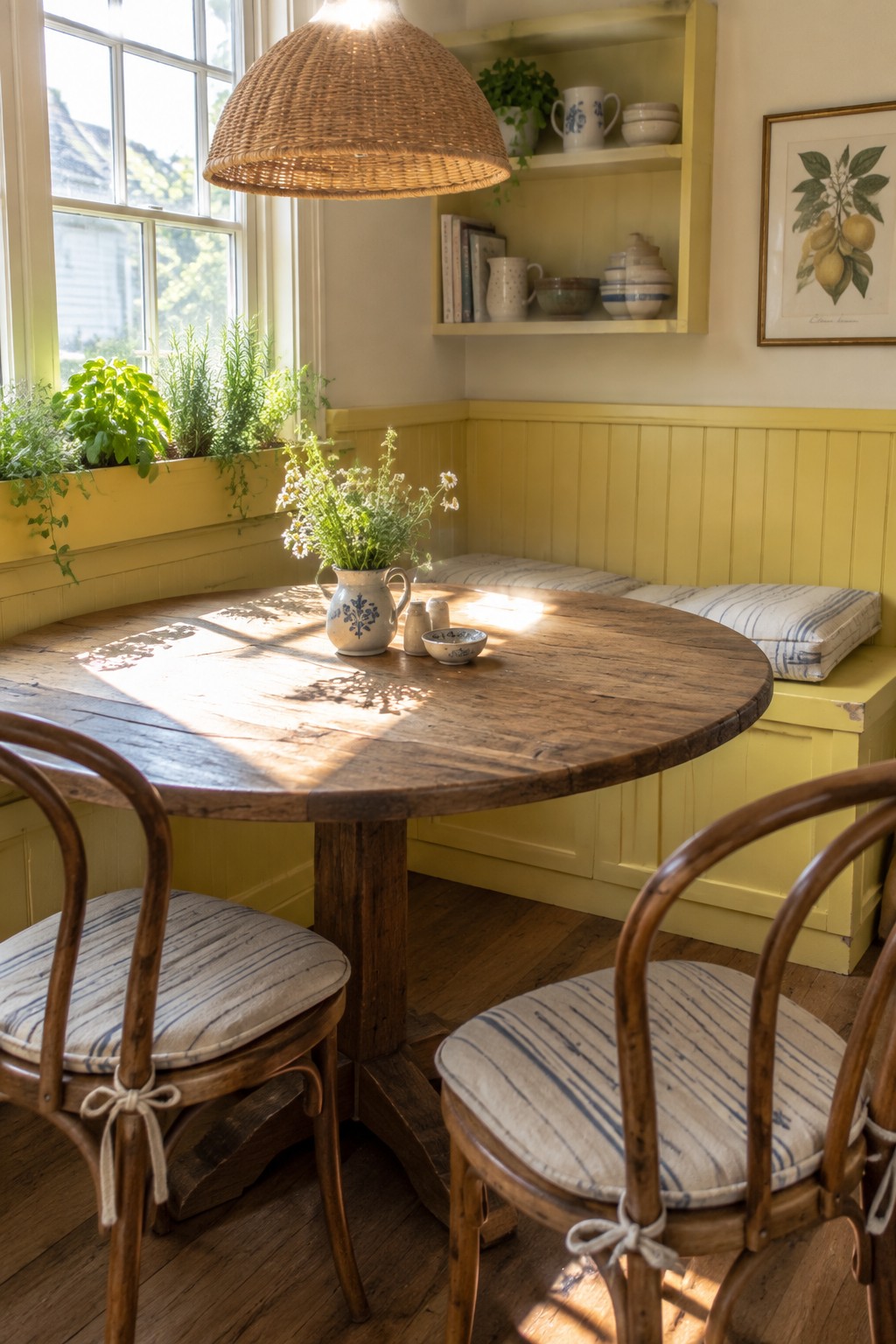 A round wooden table with a blue and white pitcher of flowers sits in a yellow painted kitchen corner with built-in bench seating, open shelves, and two wooden chairs.