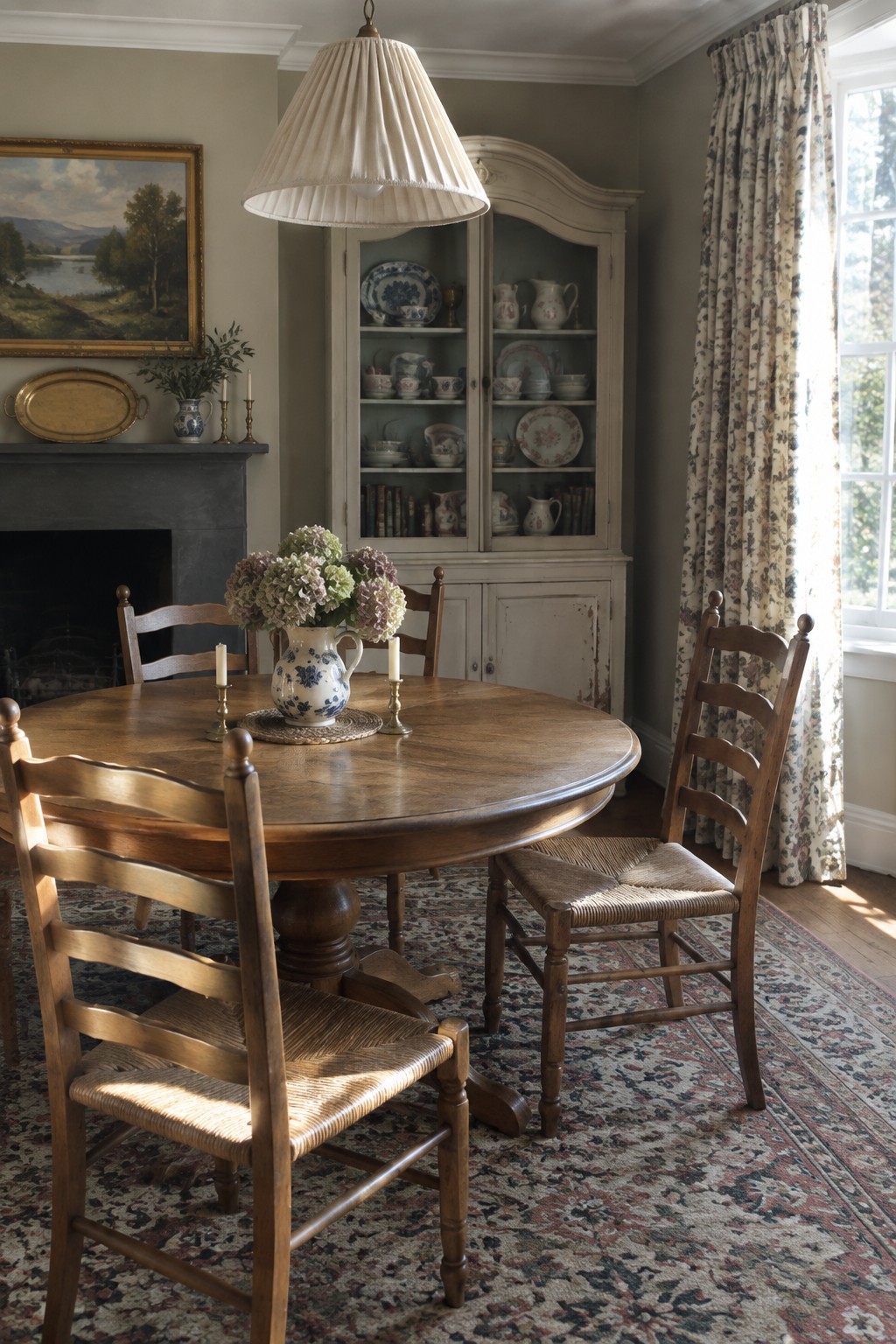 A round wooden dining table with several wooden chairs sits in front of a tall distressed off-white hutch filled with blue and white dishes.