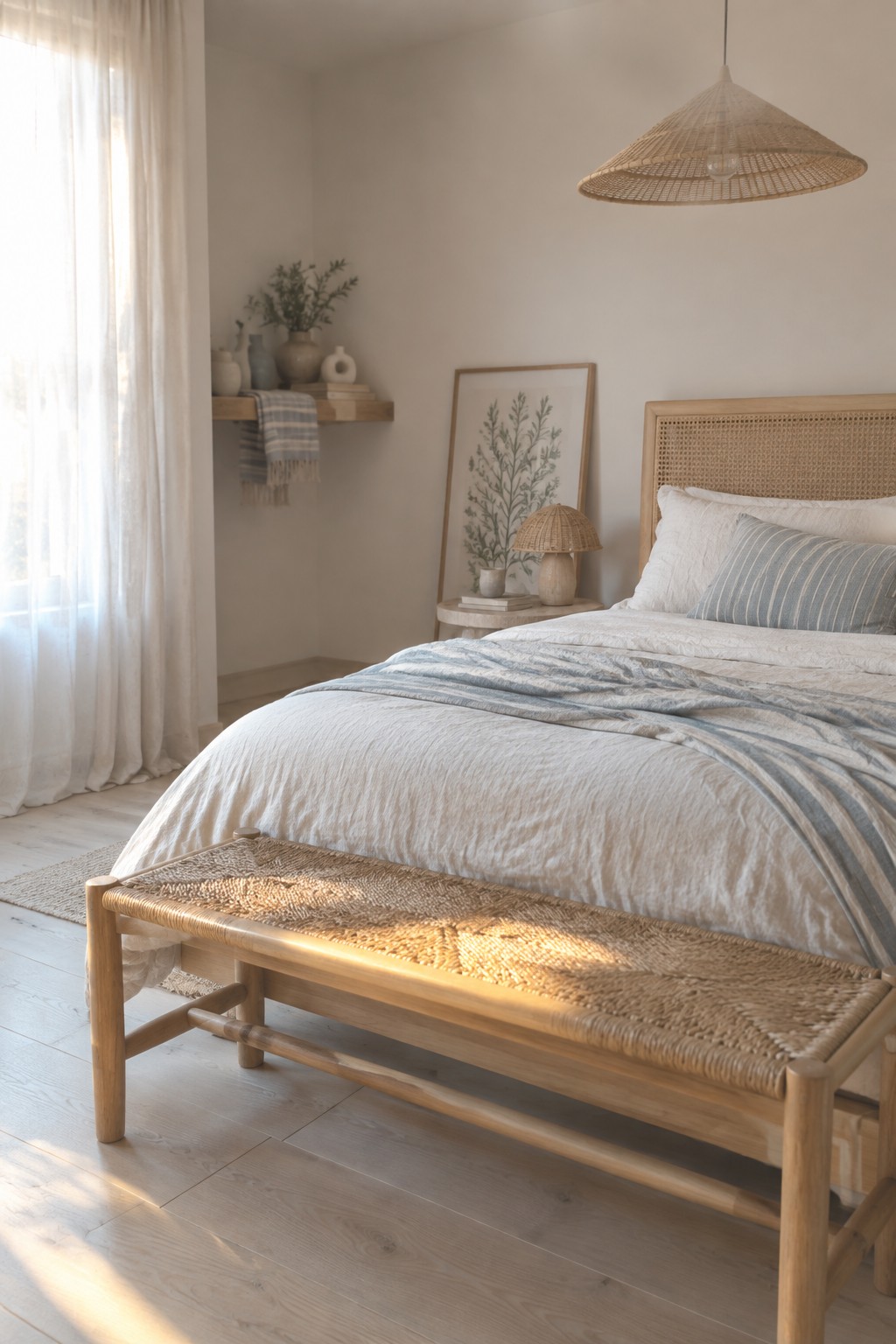 A coastal bedroom featuring a light wood bed with rattan headboard, white and blue striped bedding, and a woven bench positioned at the foot of the bed.