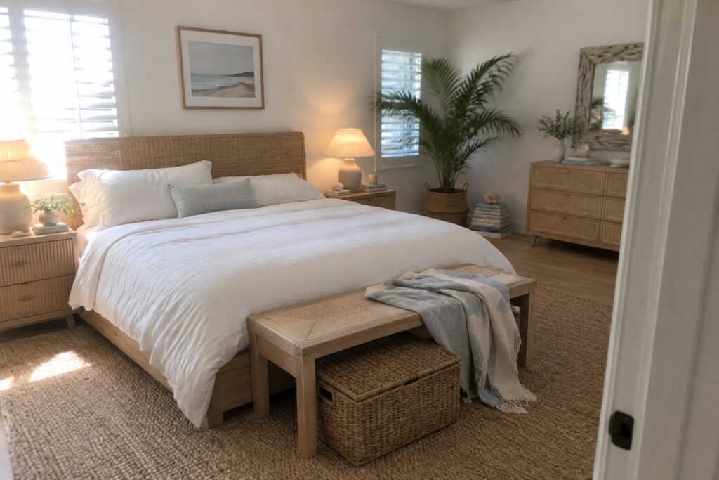 A coastal-style bedroom featuring a light wood bed with white linens, a woven rattan headboard, a woven bench with a throw blanket, and natural fiber baskets on a jute rug.