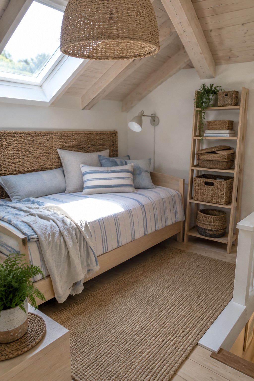 A coastal-style bedroom with a light wood bed frame, woven rattan headboard, blue striped bedding, and a wooden ladder shelf filled with woven baskets.