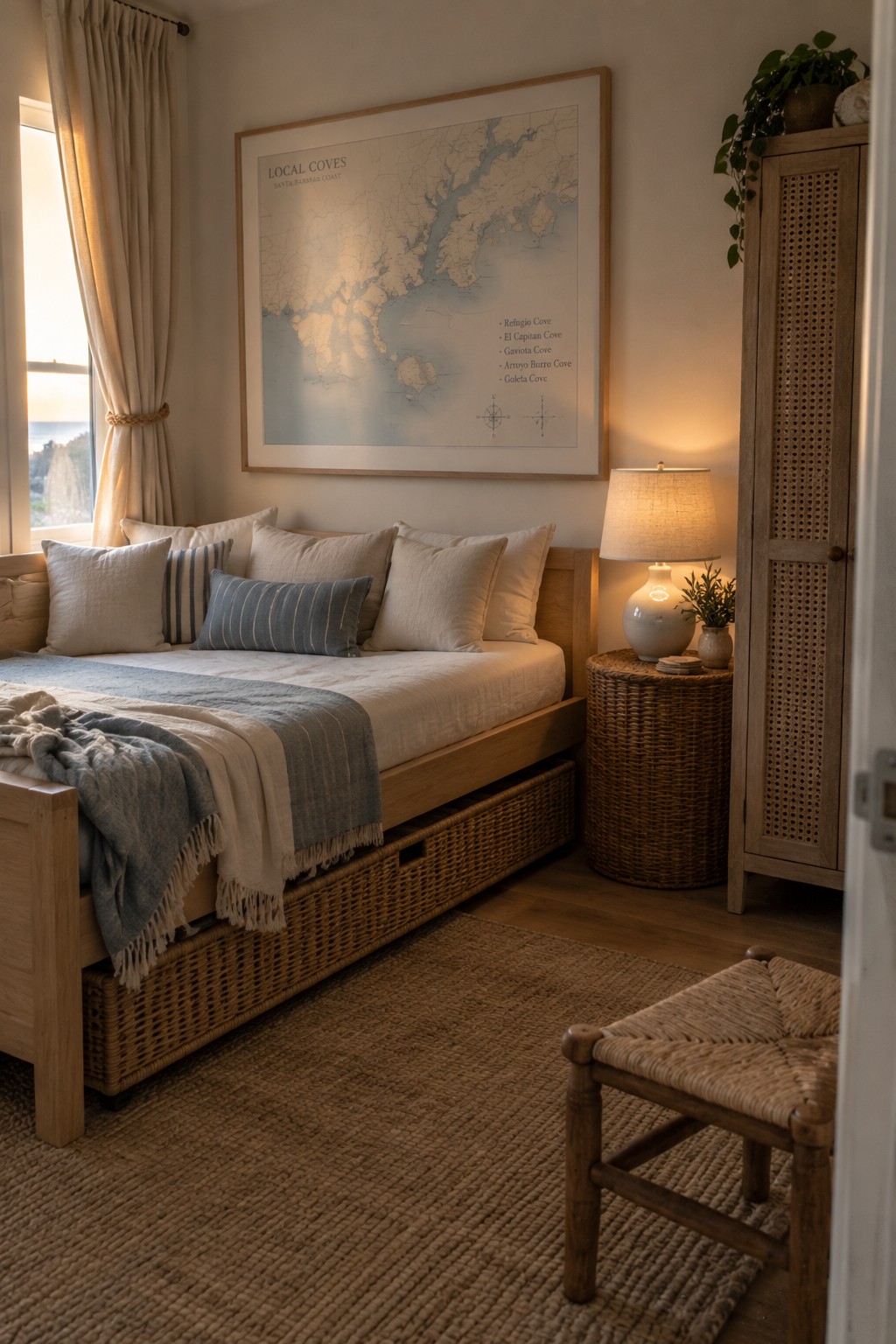 A coastal bedroom featuring a light wood bed with white and blue linens, woven underbed baskets, a rattan nightstand with lamp, and a tall rattan cabinet against a wall with a large coastal map.