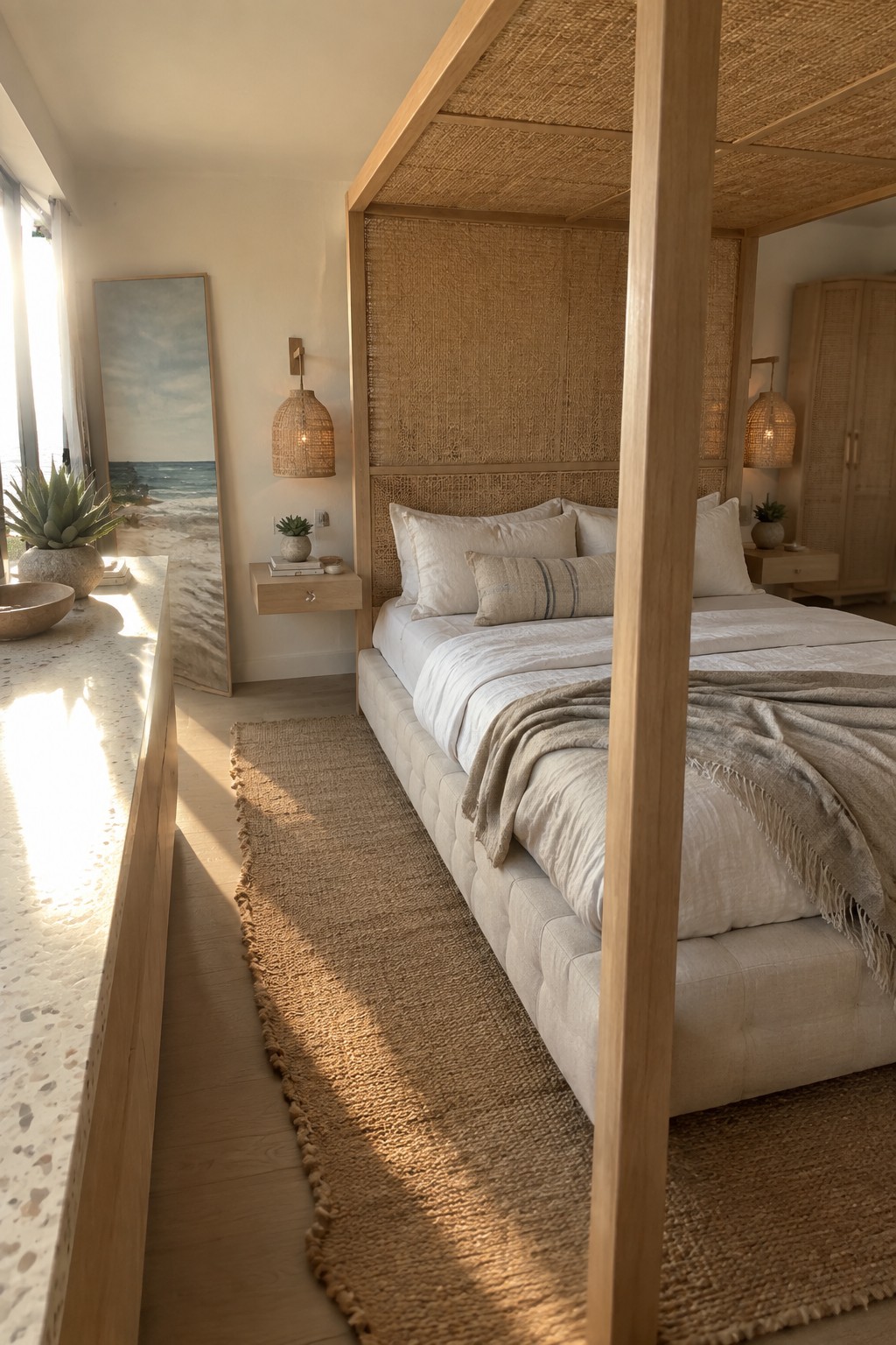 A light wood canopy bed with woven rattan headboard and posts, dressed in white linens with a beige throw, set on a jute rug in a bright bedroom.
