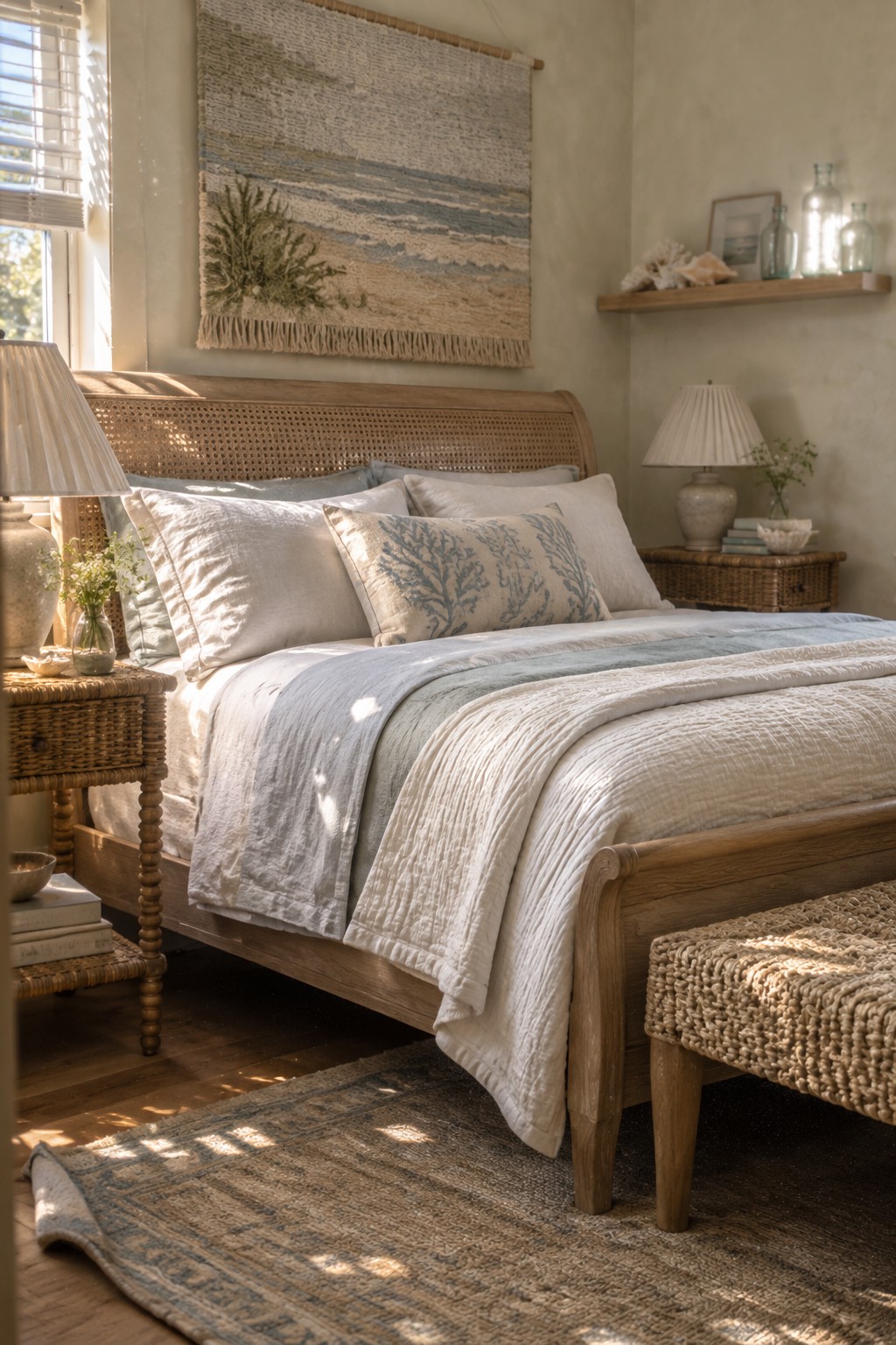 A coastal bedroom featuring a light wood bed with a woven rattan headboard, layered white and blue linens, a woven bench at the foot, and natural woven accents on the nightstands and rug.