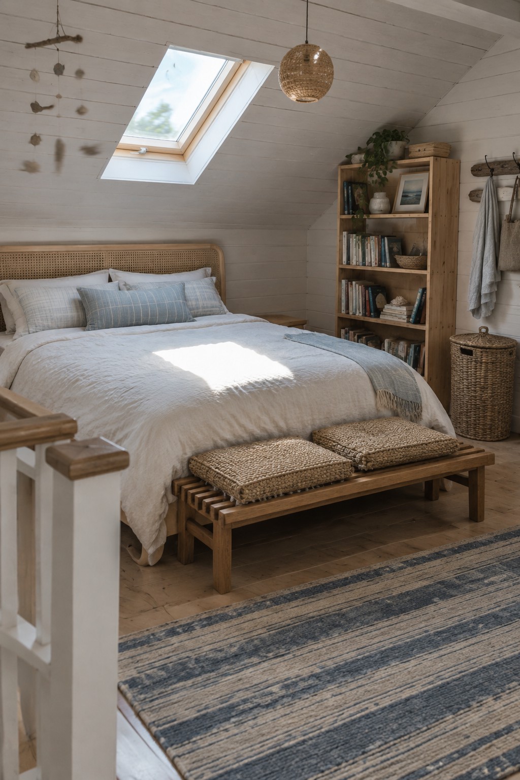 Cozy attic bedroom with white linens, sunlight through skylight, wooden furniture, and woven accents