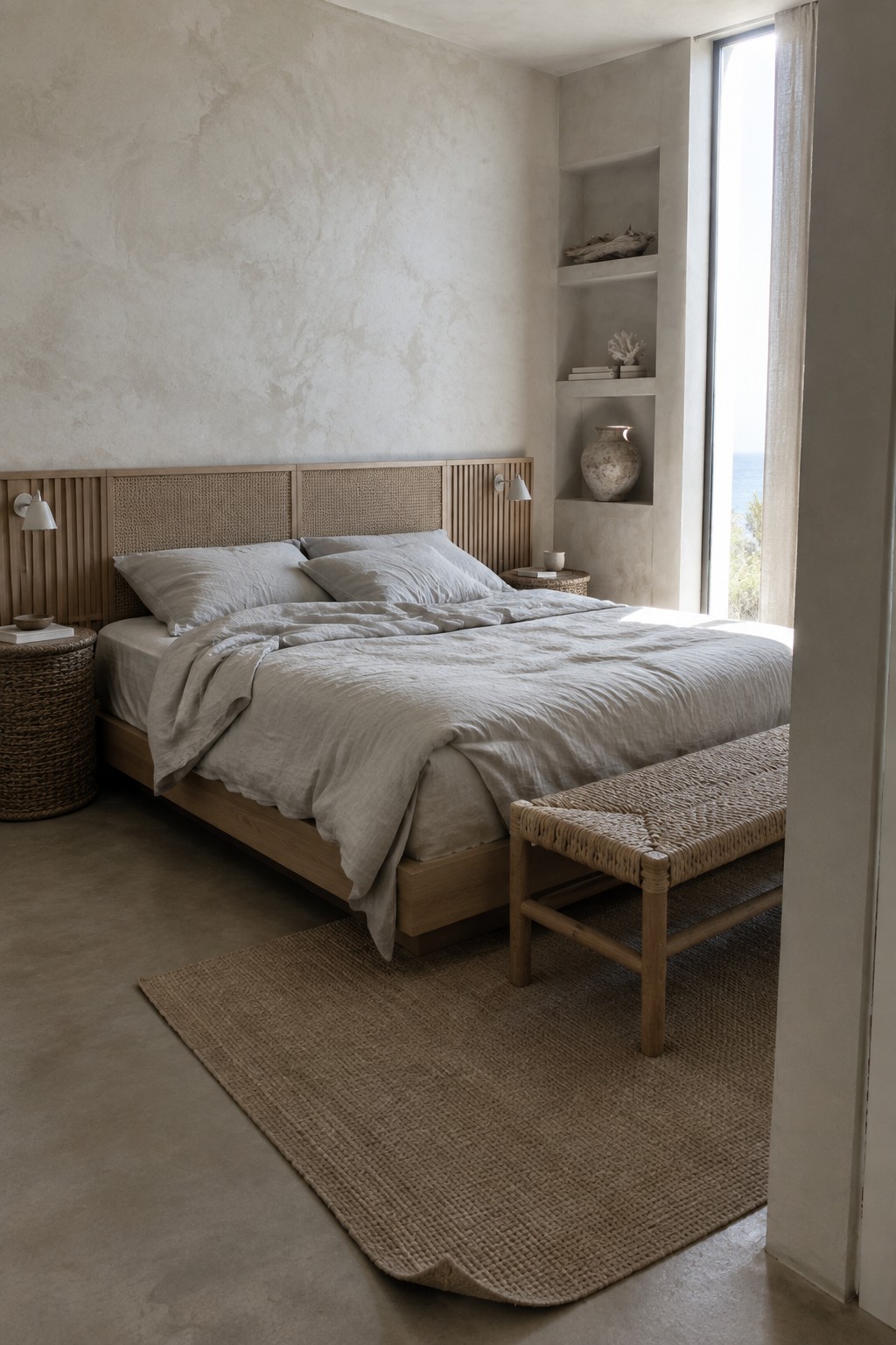 A bedroom with a light wood bed frame, woven rattan headboard, gray bedding, woven bench at the foot of the bed, built-in wall shelves, and a large window overlooking the ocean.