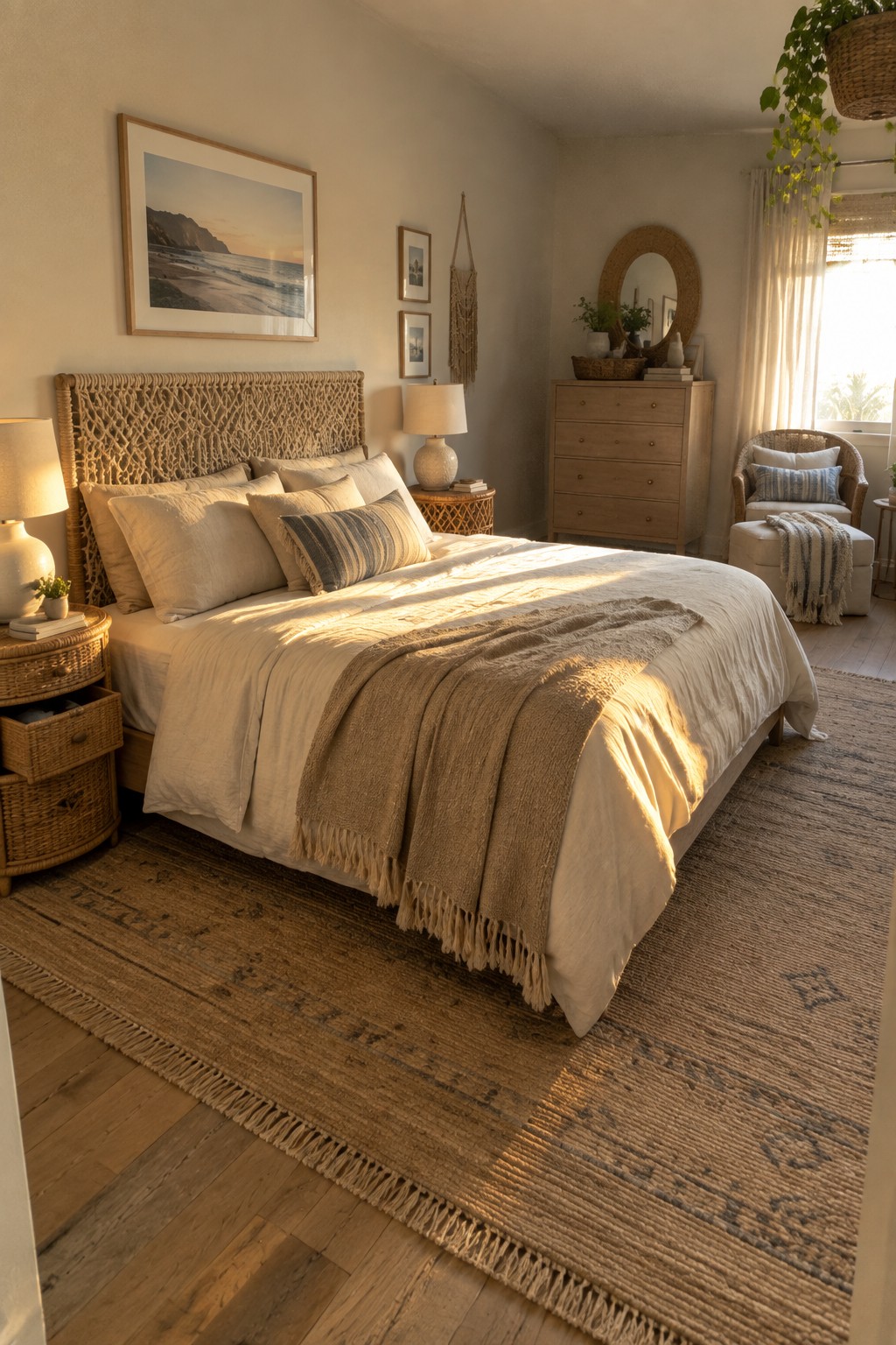 Sunlit bohemian bedroom with woven headboard, beige linens, wooden furniture, and jute rug.