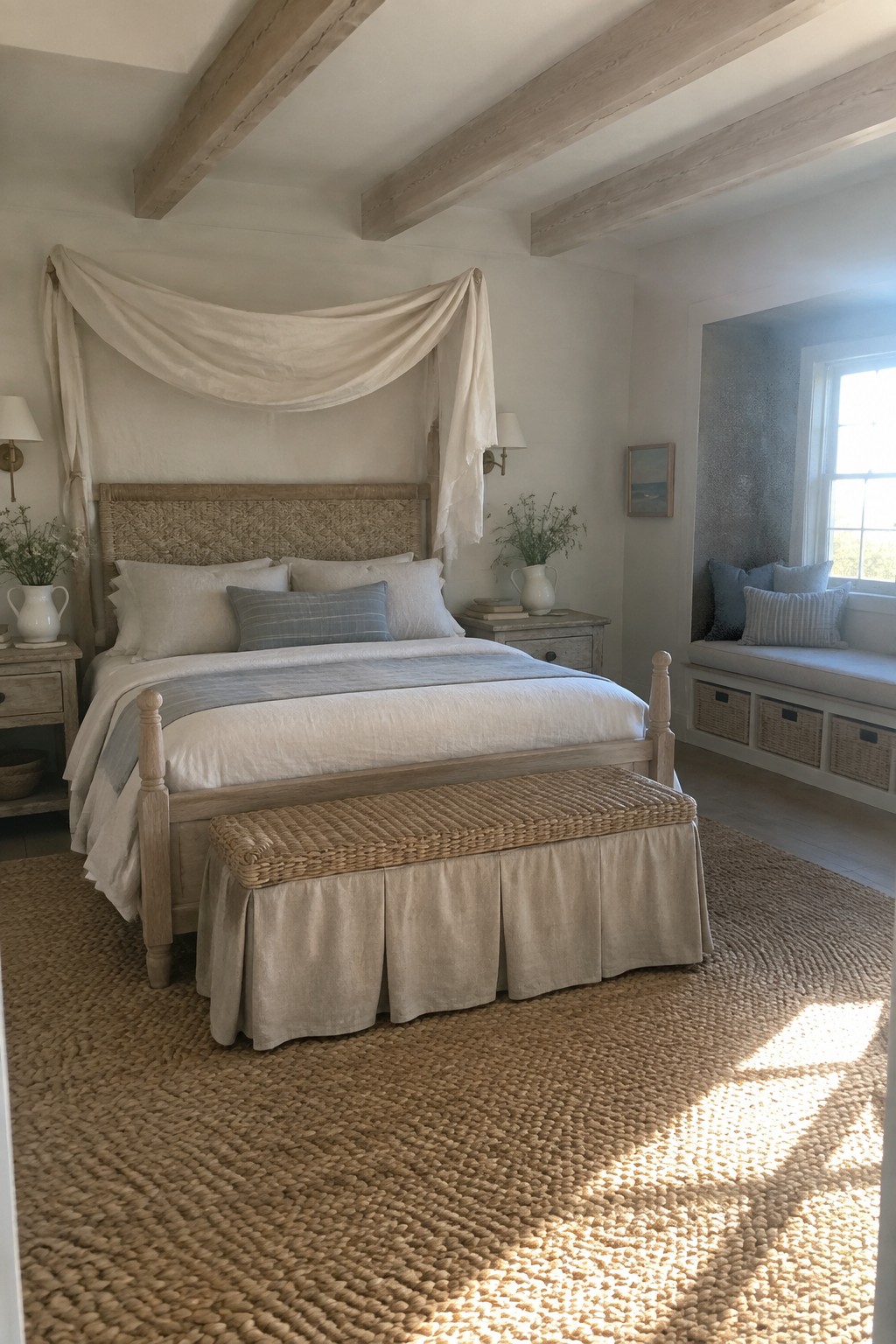 A bright bedroom with a light wood bed frame, woven headboard, white and blue bedding, a woven bench at the foot of the bed, and a large jute rug on the floor.