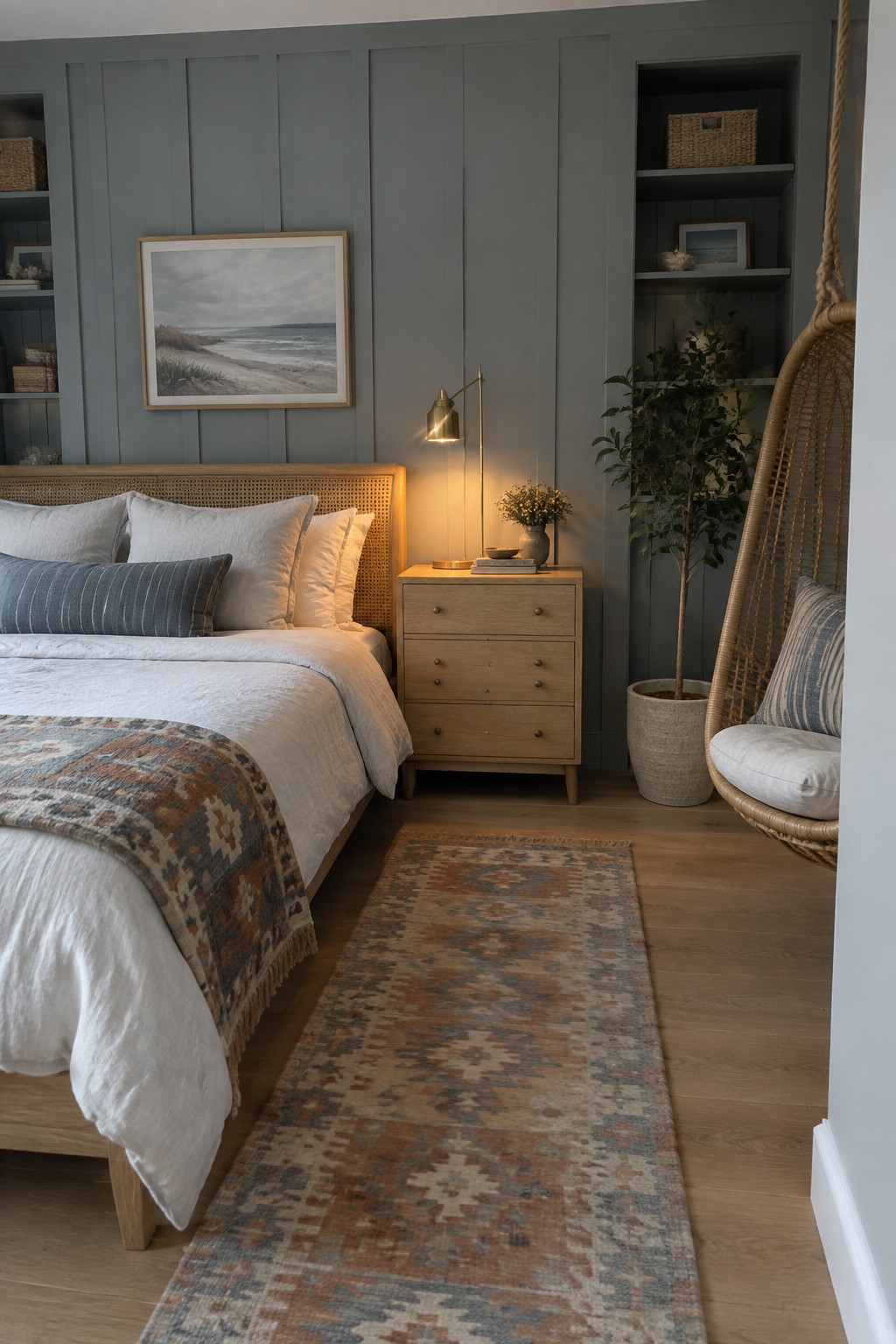 A bedroom with a light wood bed frame and woven headboard, white bedding, a wooden nightstand with a lit lamp, and a hanging woven chair beside a potted plant.