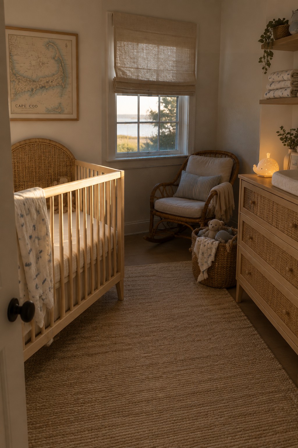 Cozy coastal nursery with wooden crib, rattan rocking chair, woven rug, and ocean-view window