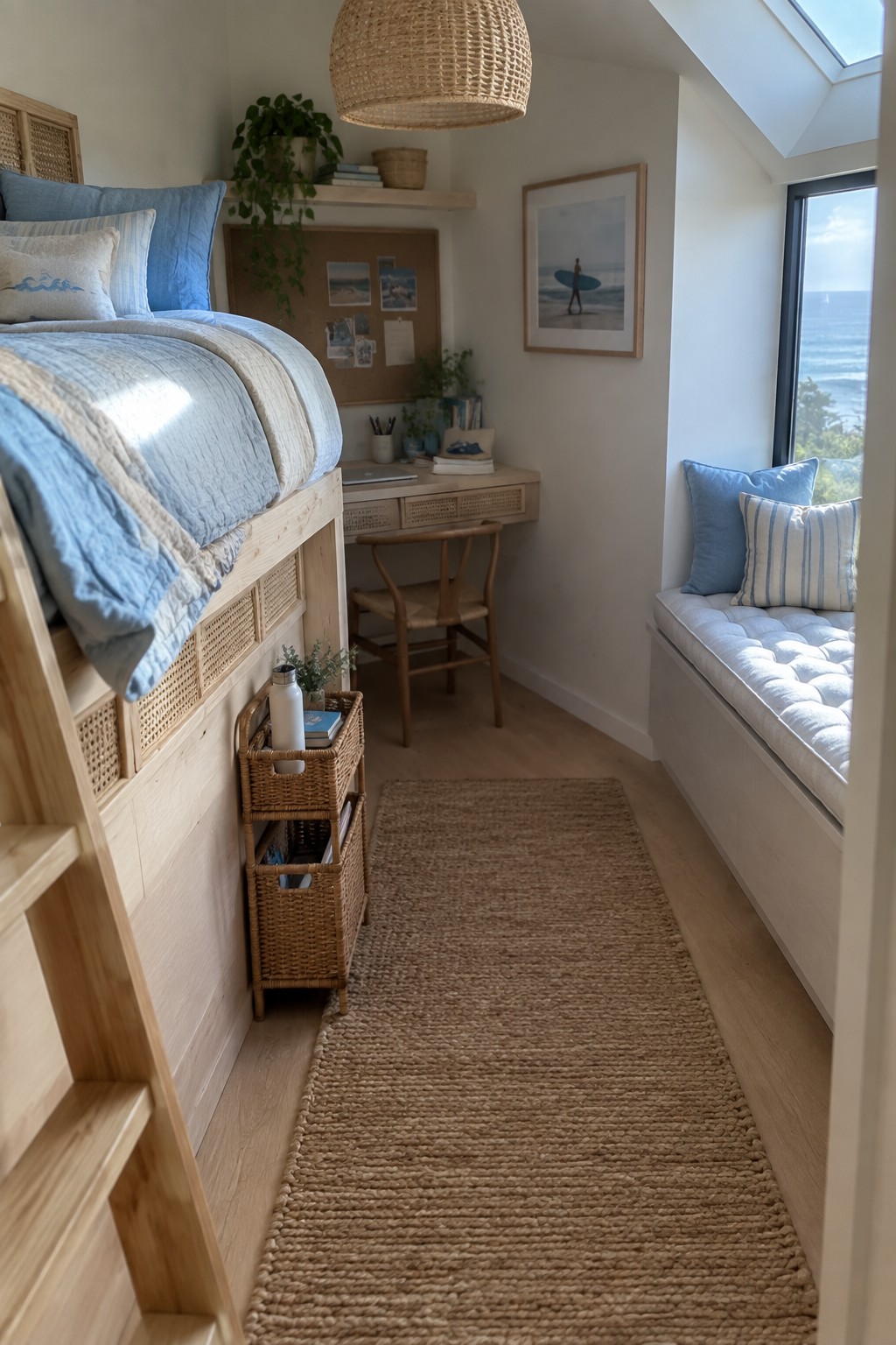 A narrow bedroom with a light wood loft bed featuring rattan panels, a woven pendant light overhead, woven storage baskets, a wooden desk and chair, and a long jute runner on the floor.