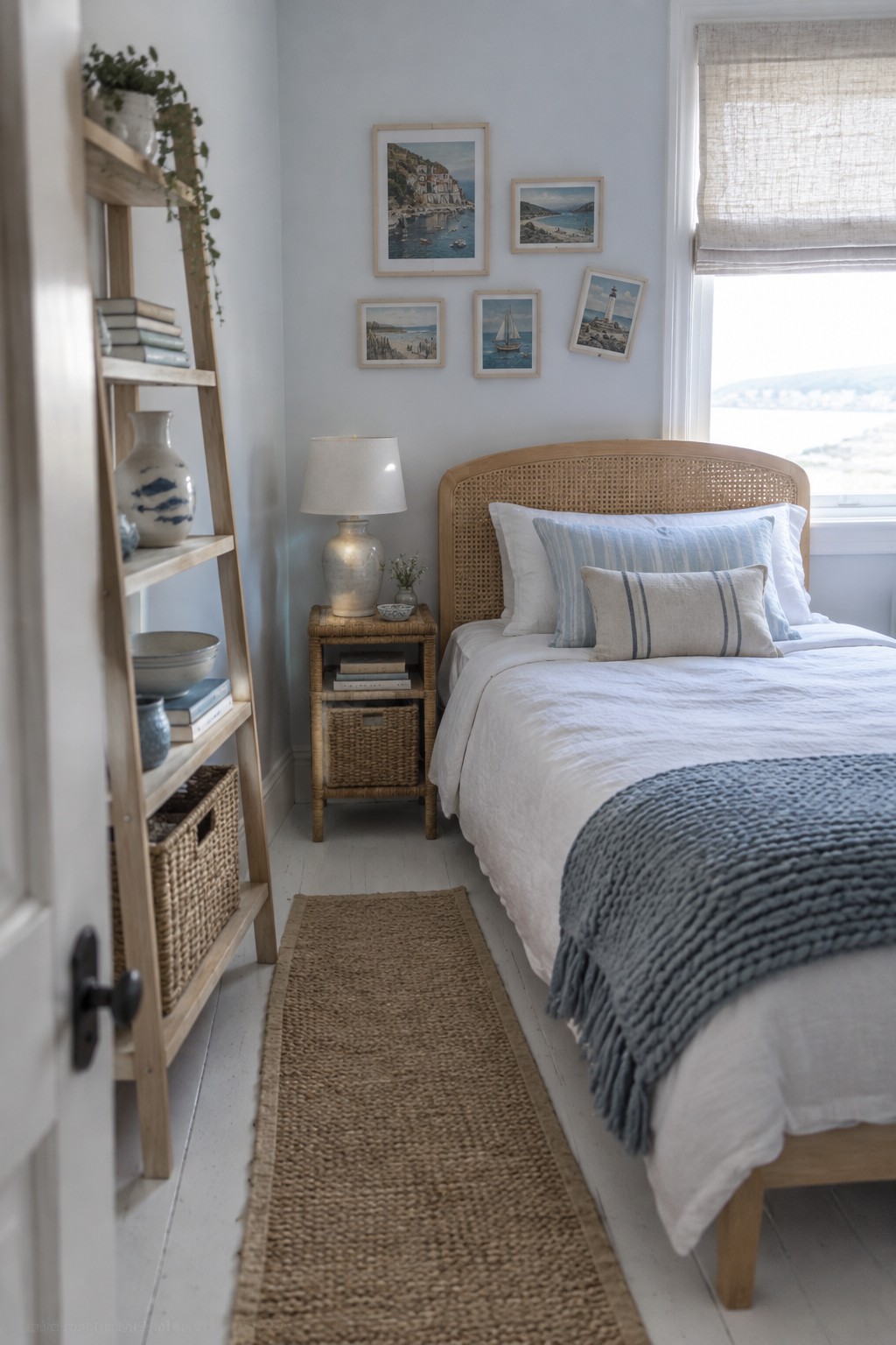 Cozy coastal bedroom with rattan bed, white linens, blue accents, jute rug, and gallery wall