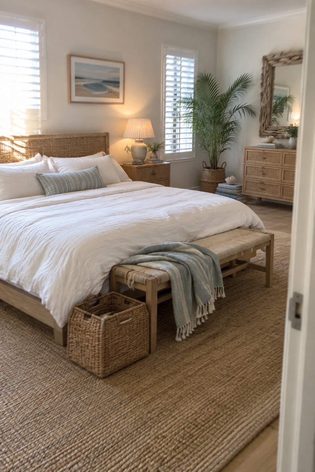 A coastal-style bedroom featuring a light wood bed with white linens, a woven rattan headboard, a woven bench with a throw blanket, and natural fiber baskets on a jute rug.