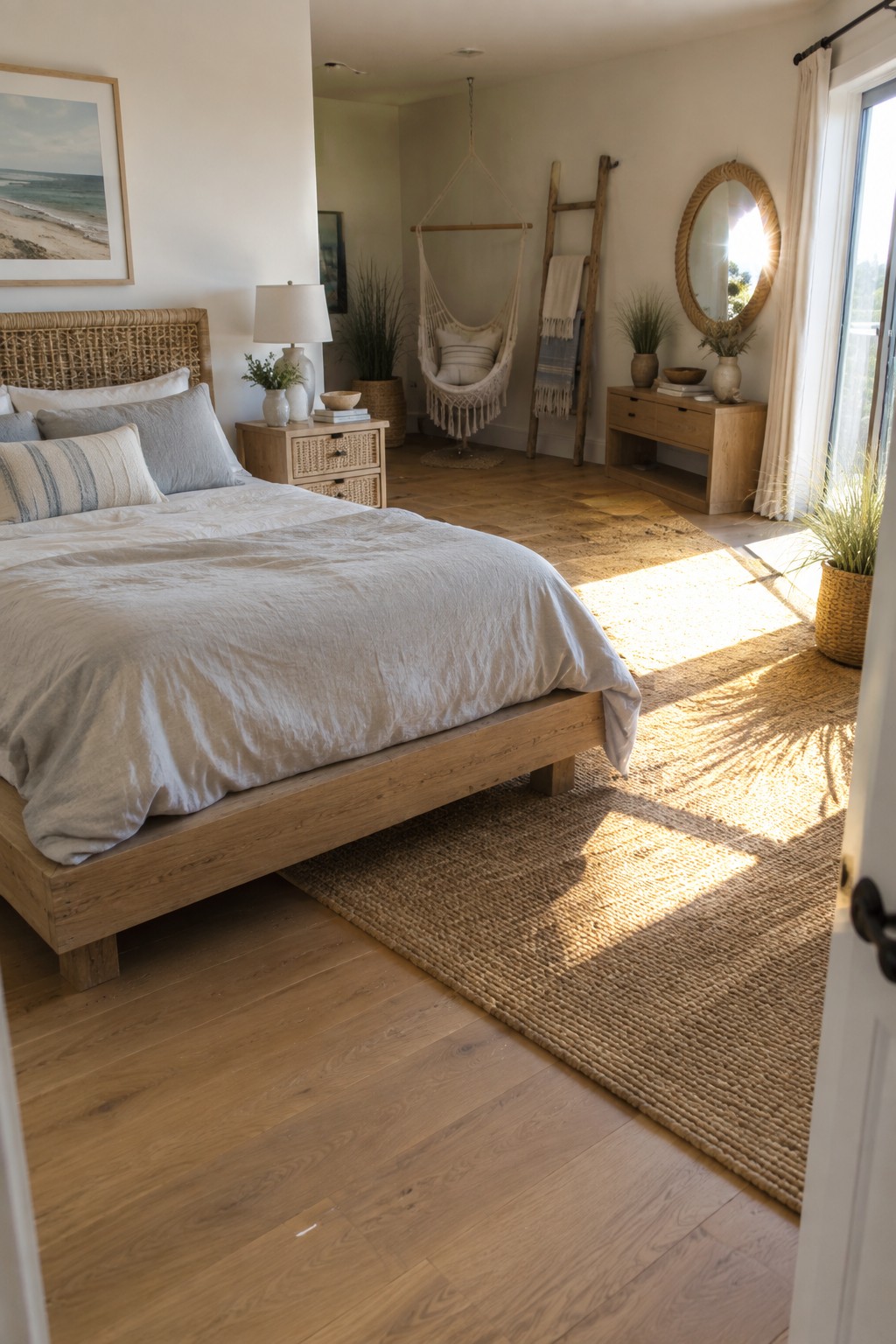 A bright coastal bedroom with a light wood platform bed, white and gray bedding, a woven rattan headboard, a large jute rug on hardwood floors, and woven accents including a hanging chair and baskets.