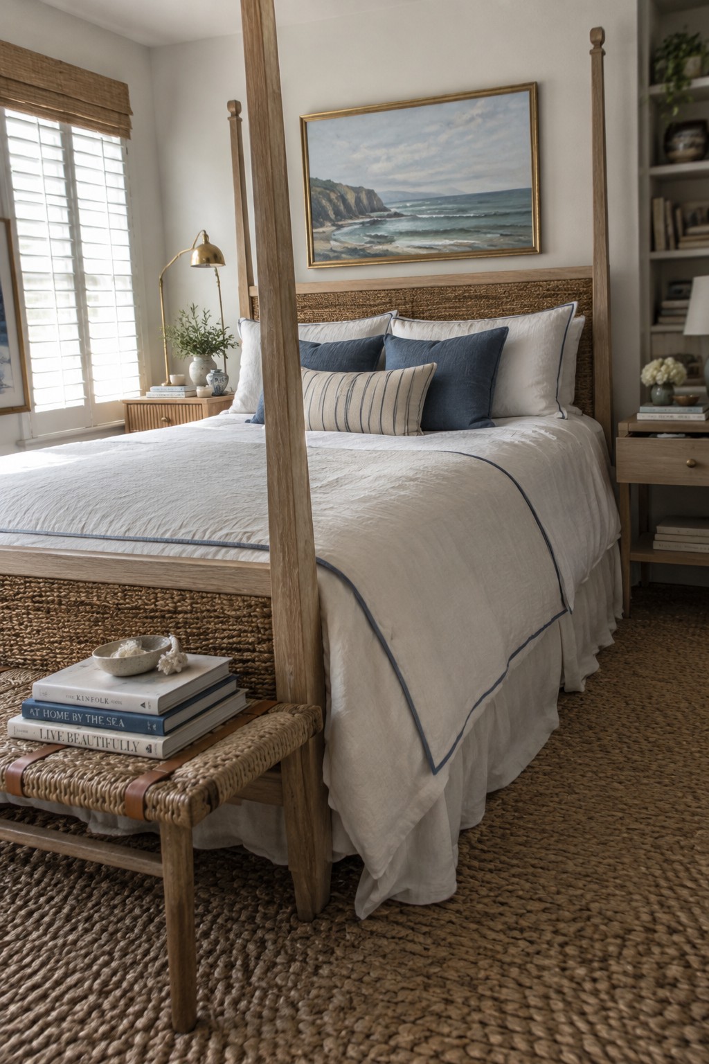 Coastal bedroom with four-poster bed, white linens, blue pillows, and ocean painting