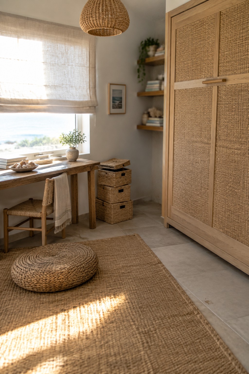 A bright room with light wood desk, woven chair, stacked woven baskets, woven rug, and light wood wardrobe with cane panels.
