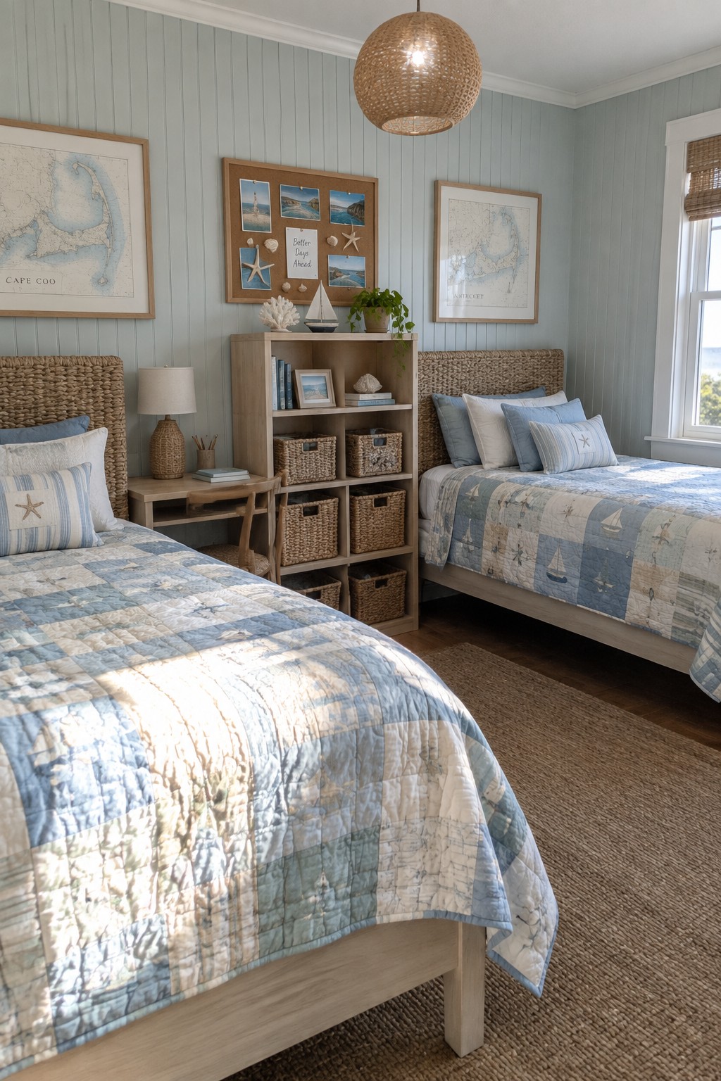 A coastal bedroom with two twin beds that have woven rattan headboards, light wood furniture including a bookshelf and nightstand, and blue patchwork quilts.