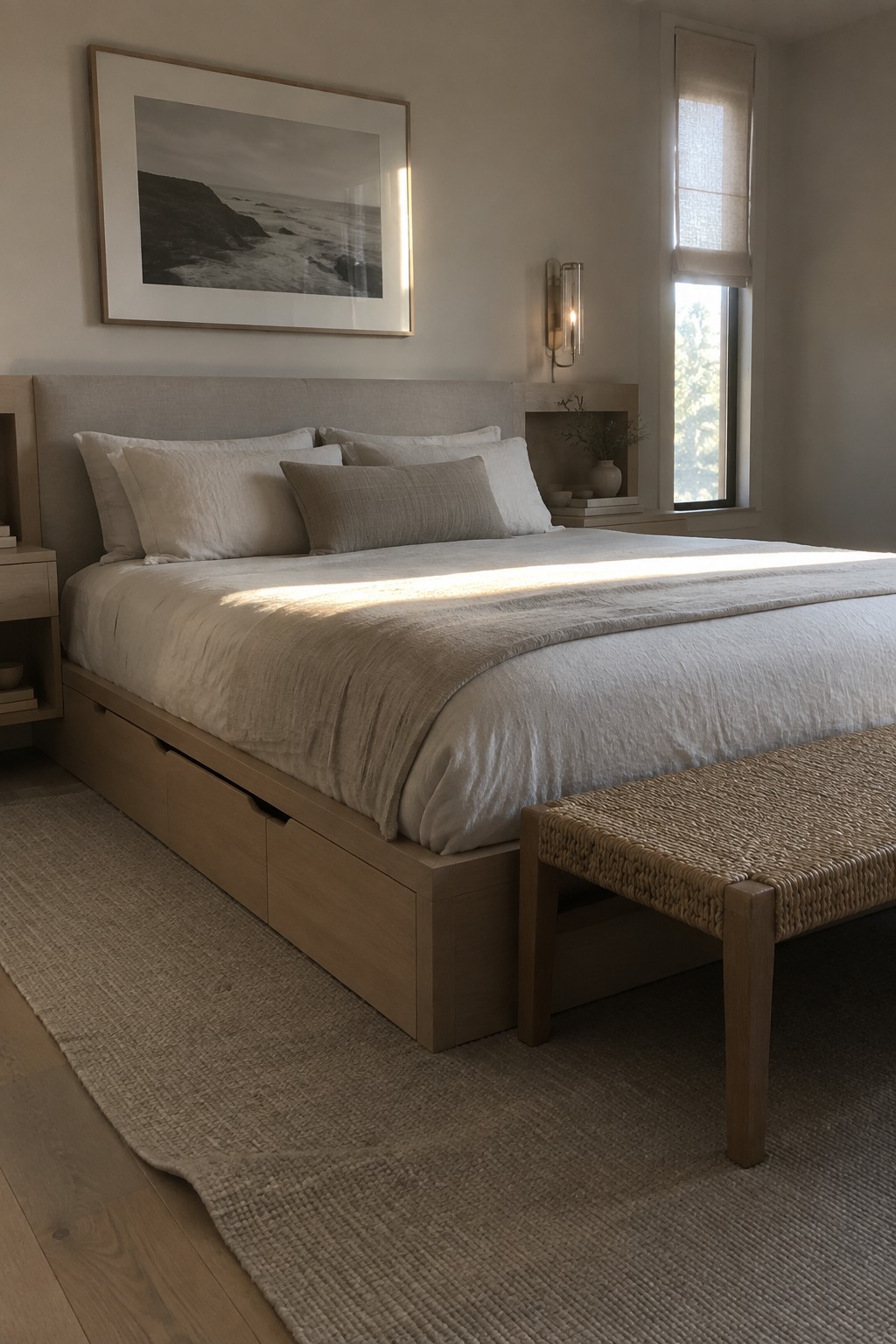 A light wood platform bed with built-in storage drawers under the mattress, made up in neutral linens, with a woven bench at the foot.
