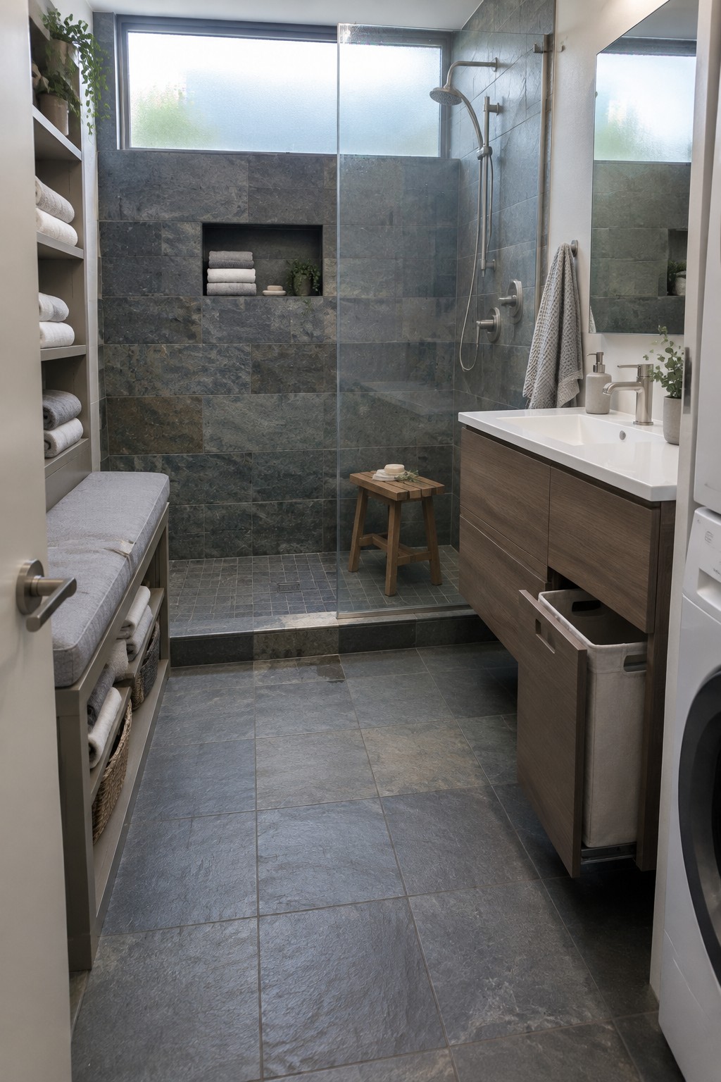 Modern bathroom with dark tiled shower, wood vanity, white sink, and laundry bin