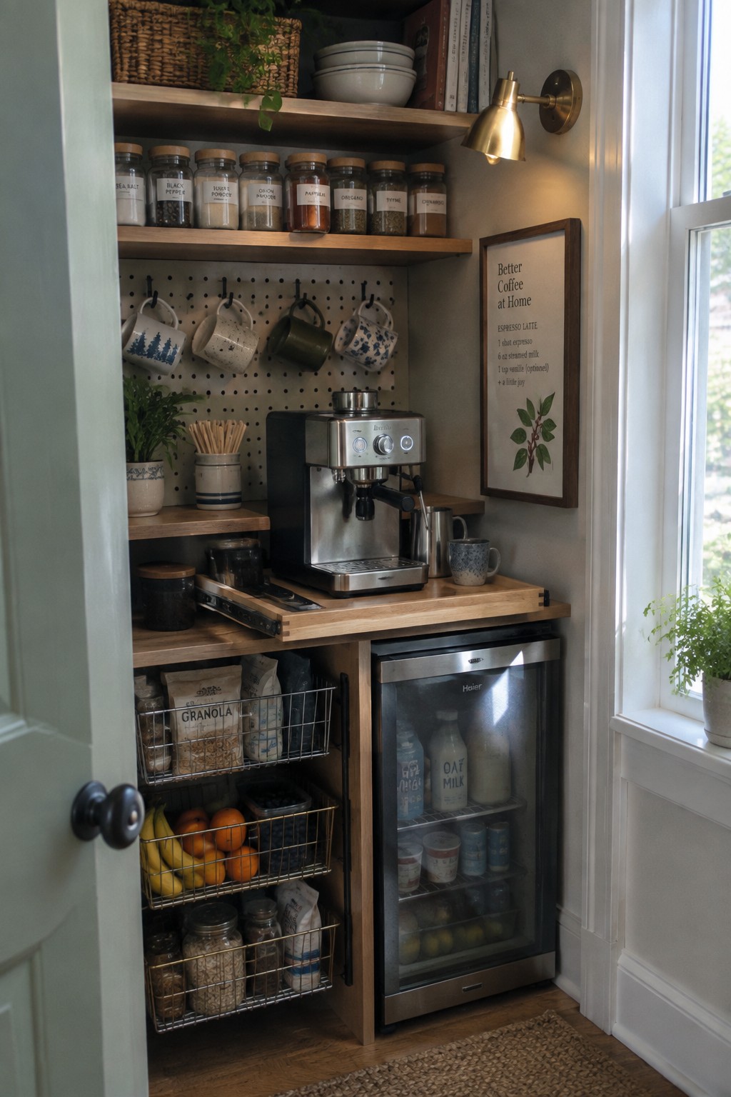 Cozy kitchen nook with espresso machine, mini fridge, pegboard mugs, and spice shelves.