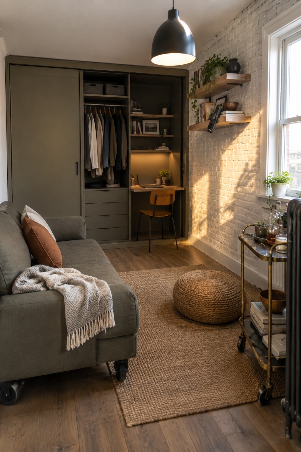 A compact living space with a gray sofa facing a large built-in closet unit that contains hanging clothes, shelves, and an integrated desk with a wooden chair.