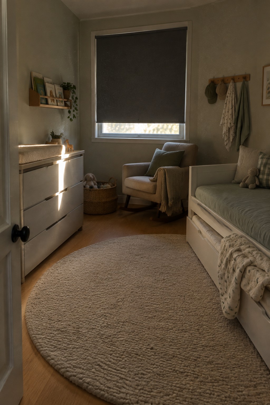 A small bedroom interior showing a white daybed with under-bed storage drawers, a gray dresser with changing pad, a rocking chair, woven basket, and round beige rug on wood flooring.