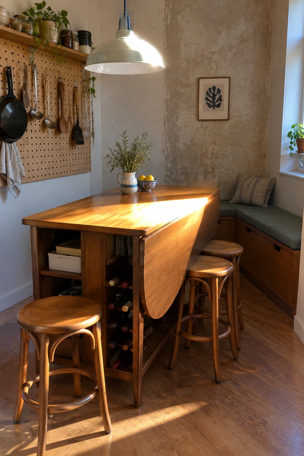 A wooden drop leaf table with open storage shelves and a wine rack in a compact kitchen, with three wooden stools tucked around it.