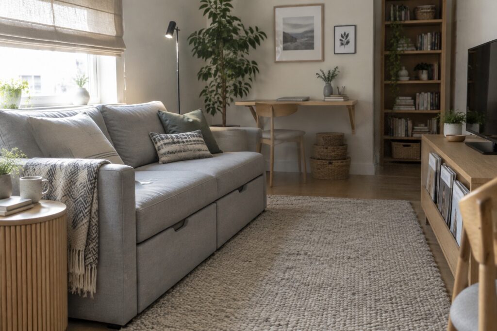 A light gray sofa with visible under-seat storage drawers sits on a textured beige rug next to a round wooden side table in a minimalist living room.