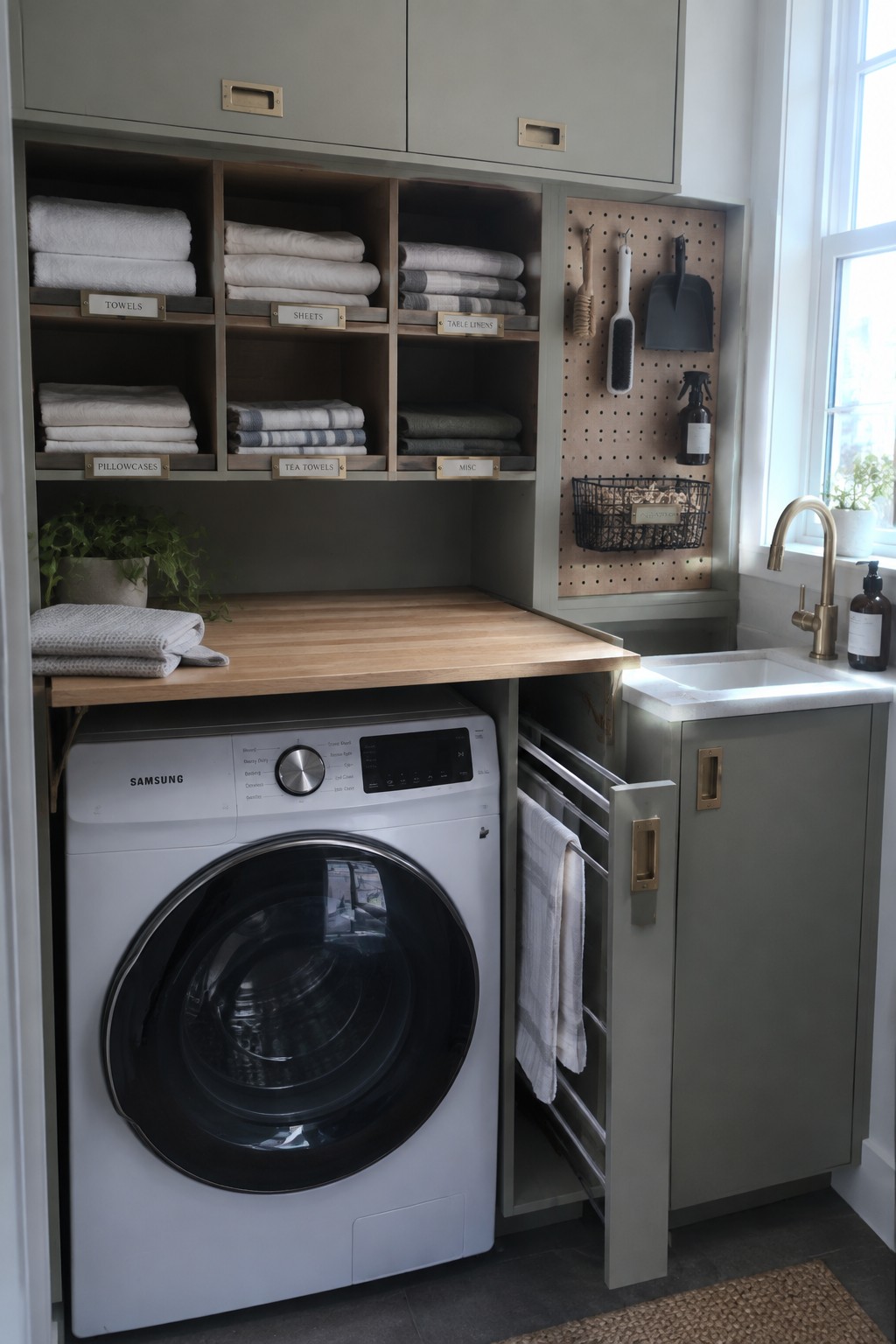 A compact laundry area shows a white Samsung washing machine beneath a foldable wooden countertop, with open shelves holding stacked linens and a pull-out drying rack beside a utility sink.
