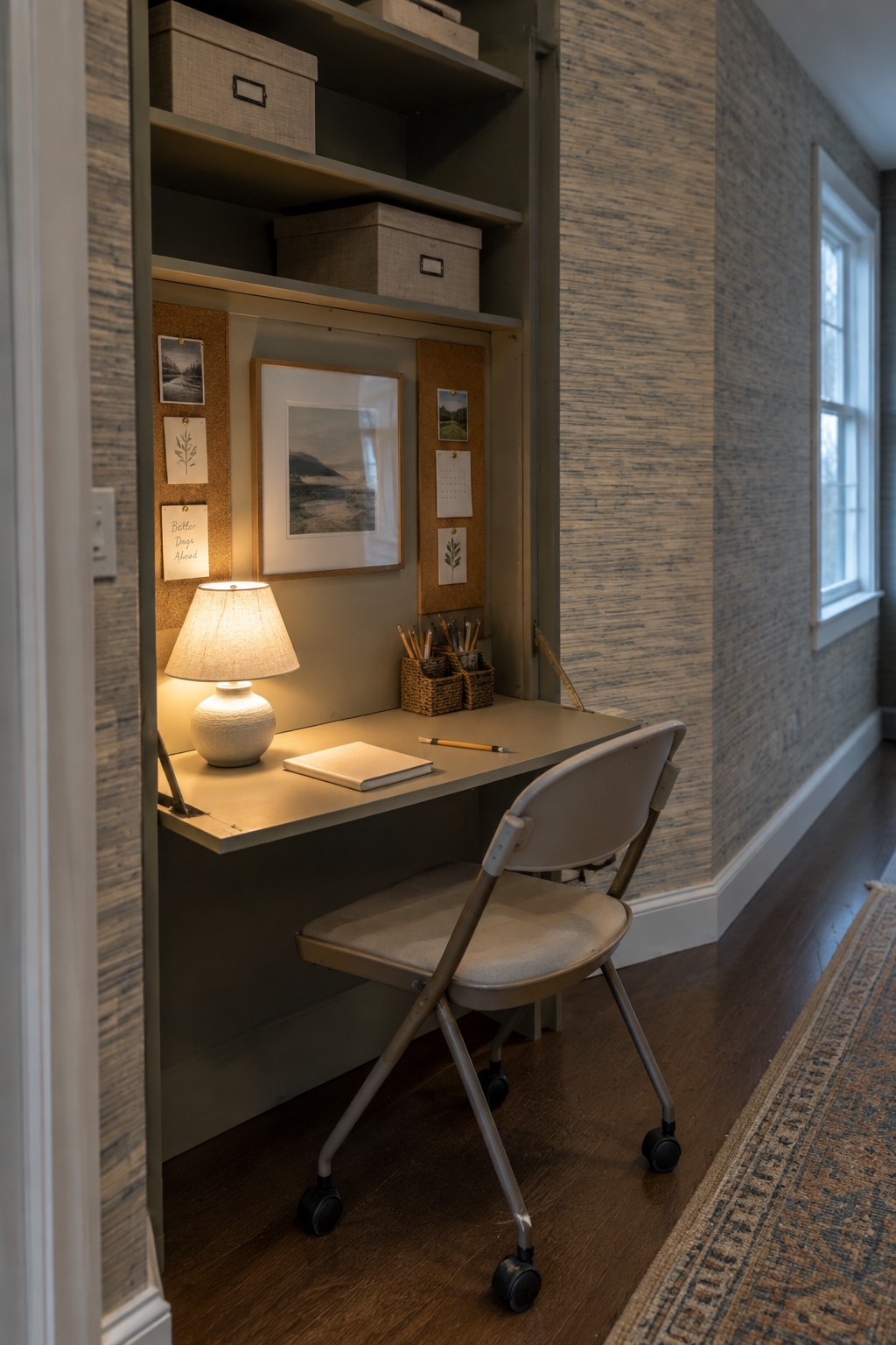 A fold-down desk with lamp, notebook, and chair inside a built-in cabinet unit with shelves and corkboards on a textured wall.