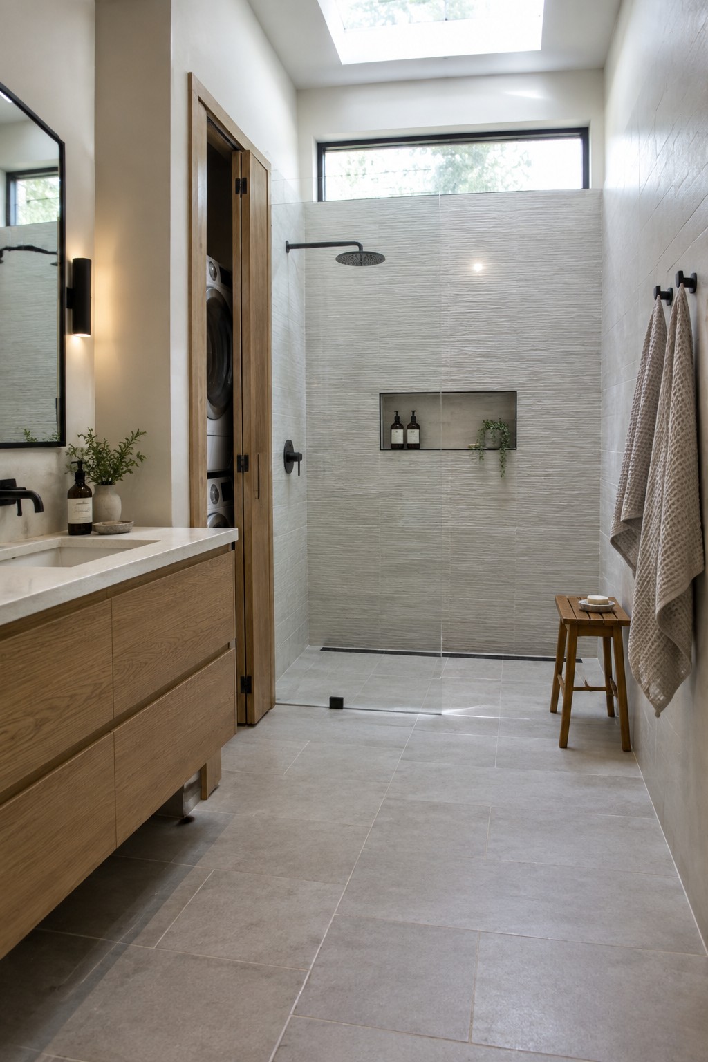 A bathroom interior showing a wooden vanity on the left, open closet doors revealing a stacked washer and dryer, and a tiled shower with a recessed niche and wooden stool.