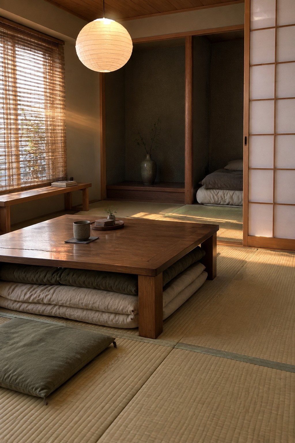 A Japanese-style interior with a low wooden table on tatami mats, folded cushions stored beneath the table, and a round paper lantern hanging above.