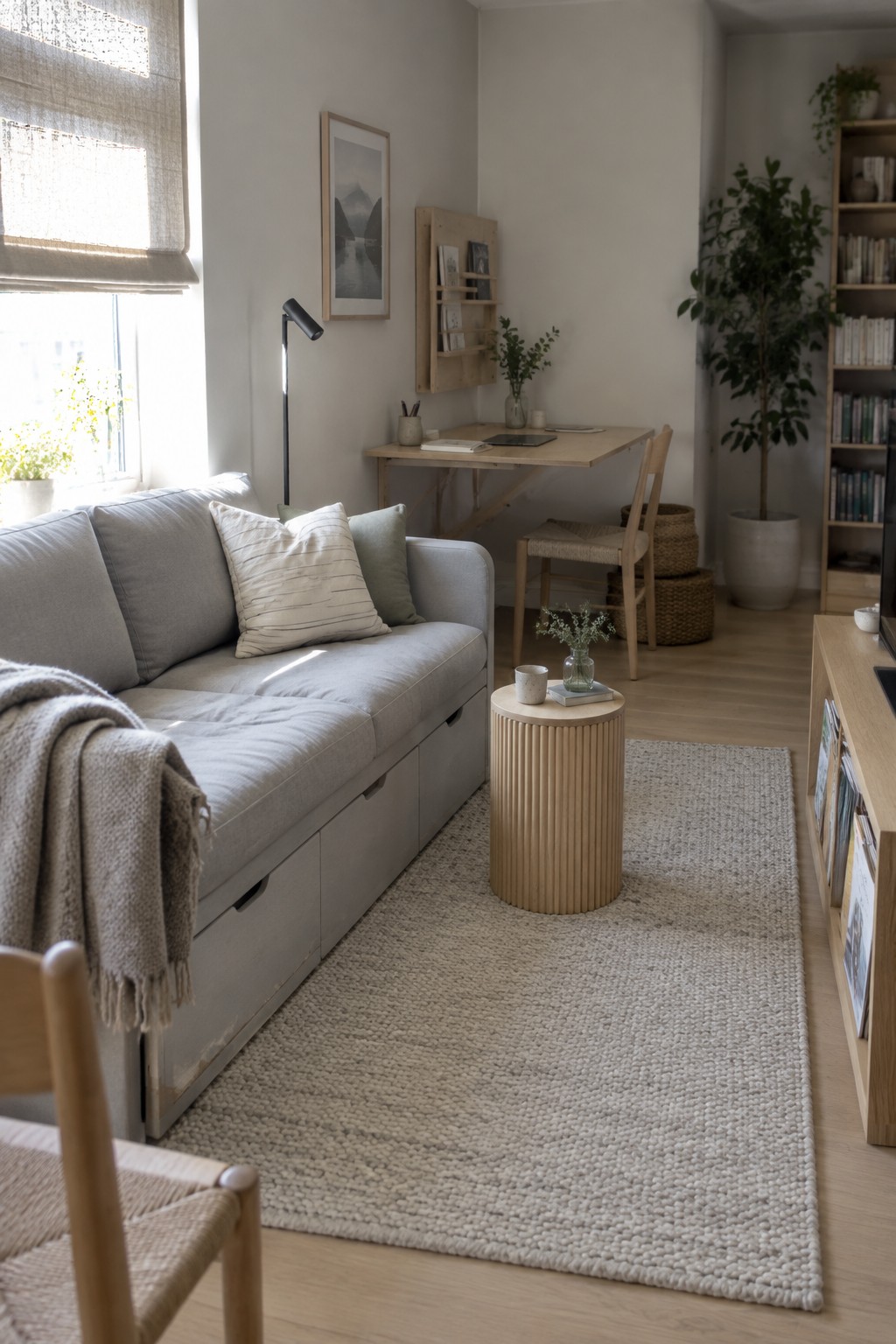 A light gray sofa with visible under-seat storage drawers sits on a textured beige rug next to a round wooden side table in a minimalist living room.
