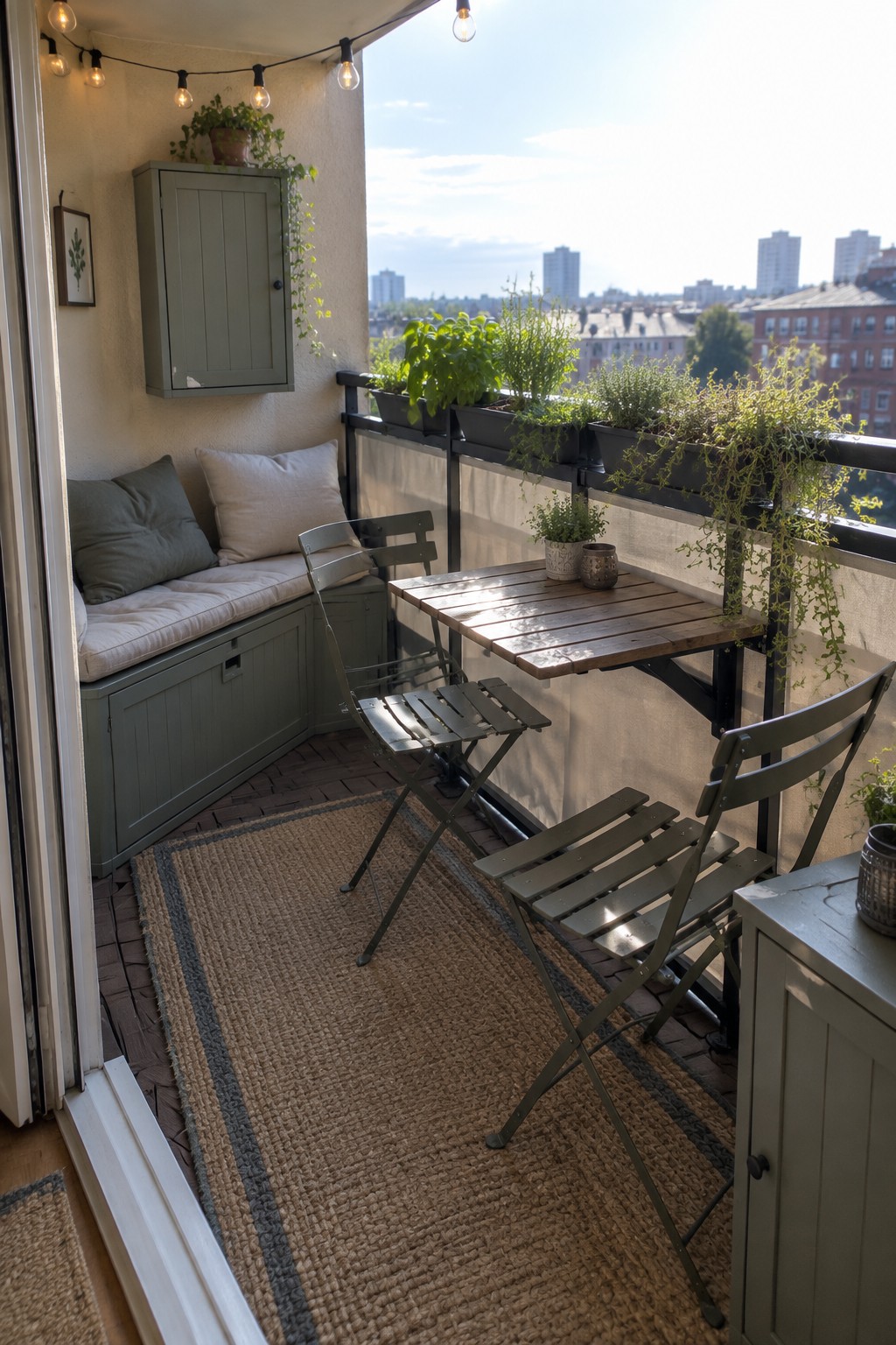 Cozy balcony with green folding chairs, wooden table, rug, plants, and city view