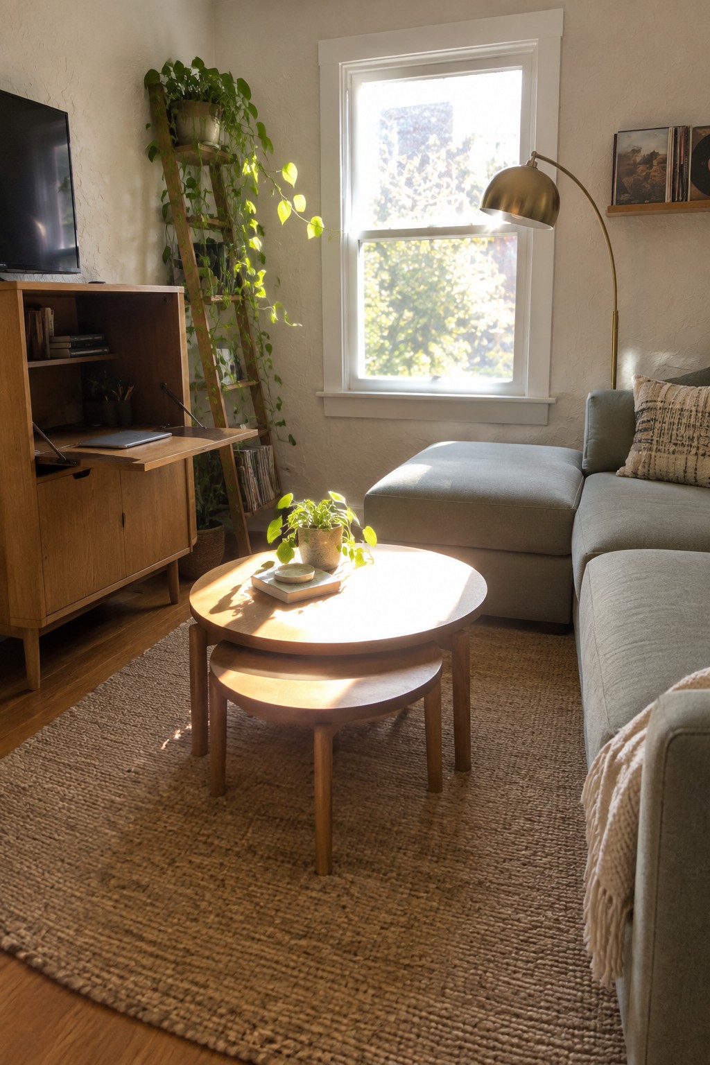 A living room corner with a wooden cabinet that has a fold-down desk surface holding a laptop, next to a round nesting coffee table and part of a gray sectional sofa.