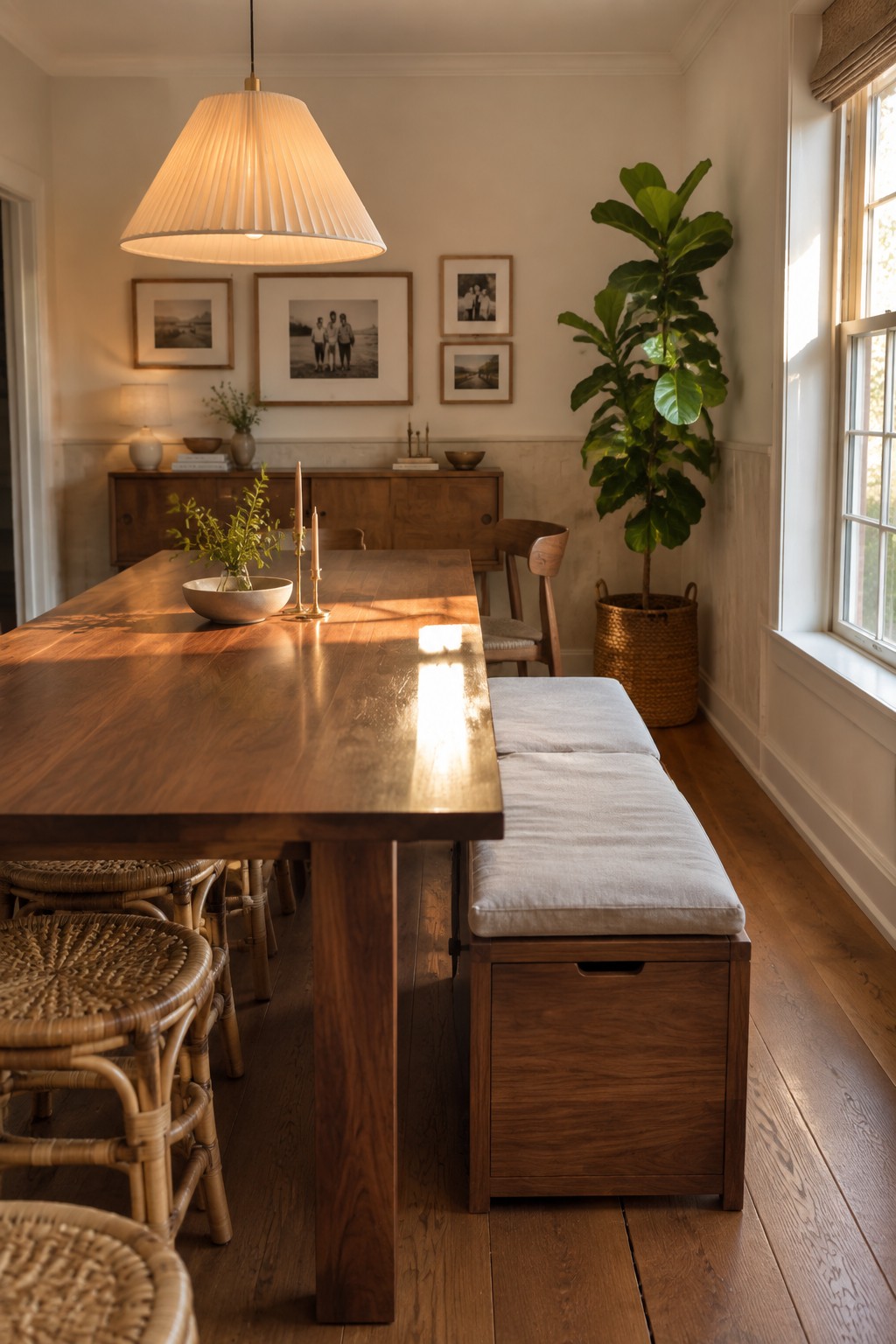 A wooden dining table with a cushioned storage bench on one side and woven chairs on the other, set in a sunlit room with a sideboard and large potted plant near the window.