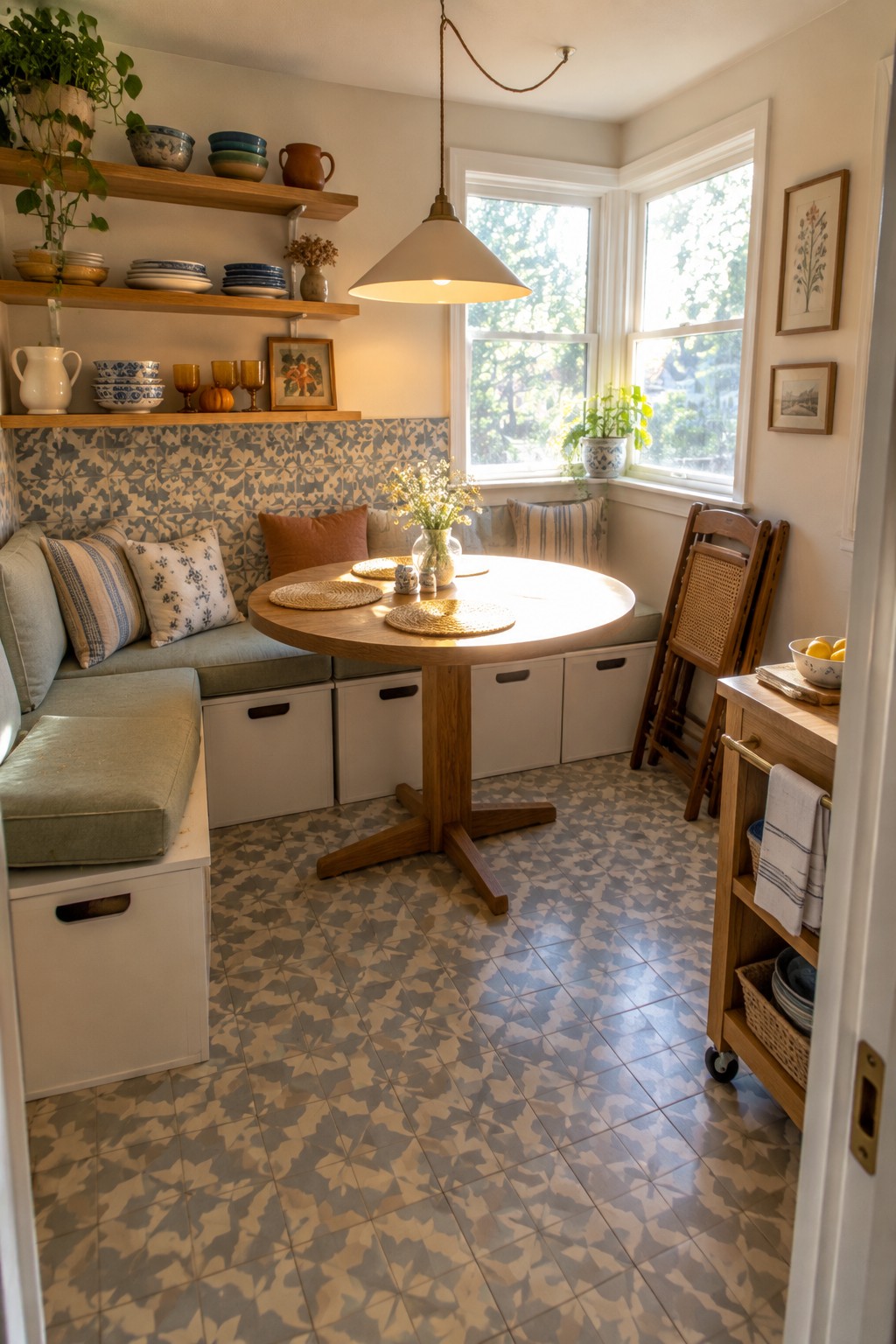 Cozy breakfast nook with round table, cushioned bench, patterned tiles, and wooden shelves.