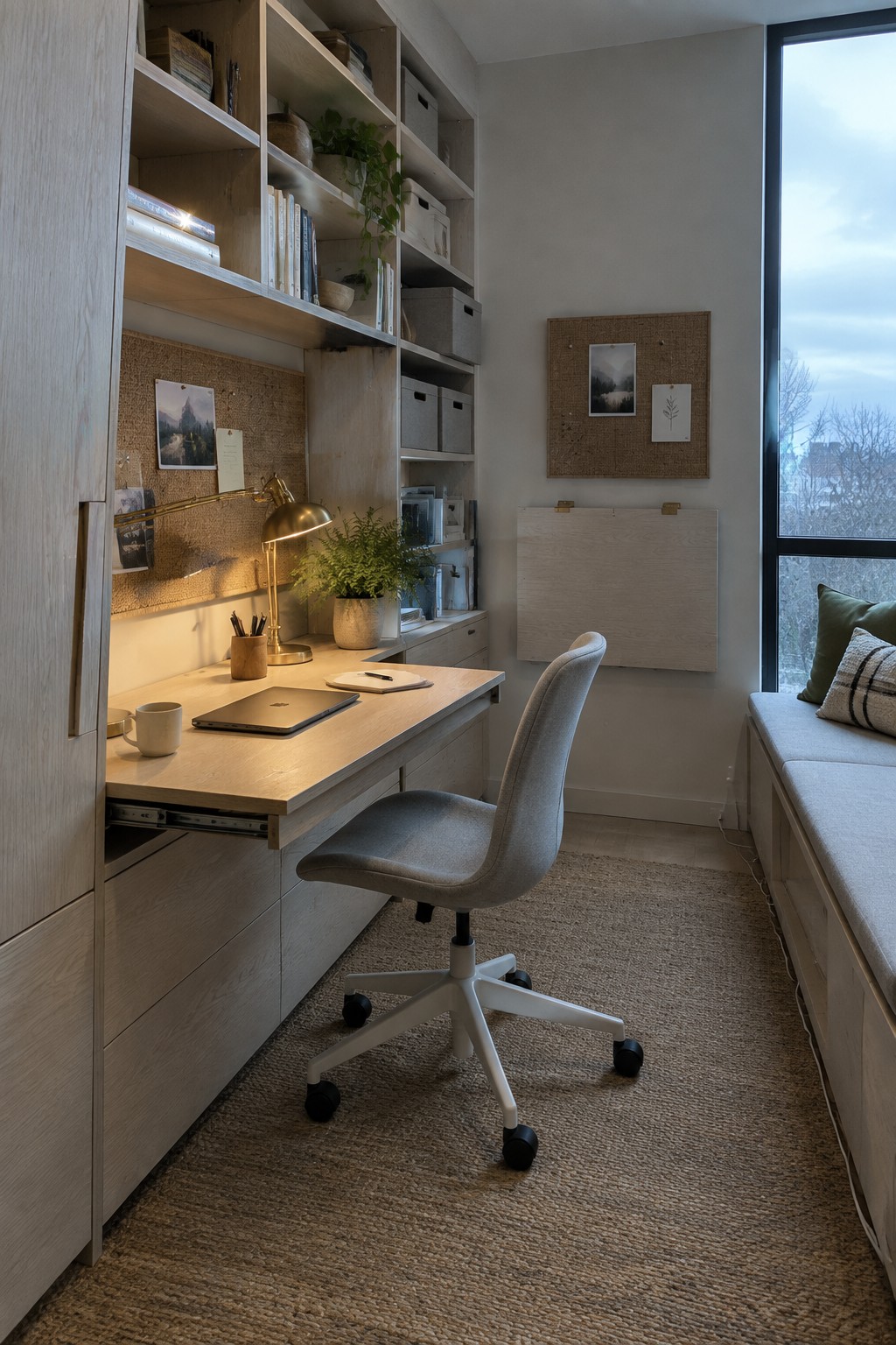 A light wood built-in desk with open shelving, a corkboard, desk lamp, laptop, and gray upholstered office chair on wheels in a neutral room with a large window and window seat bench.