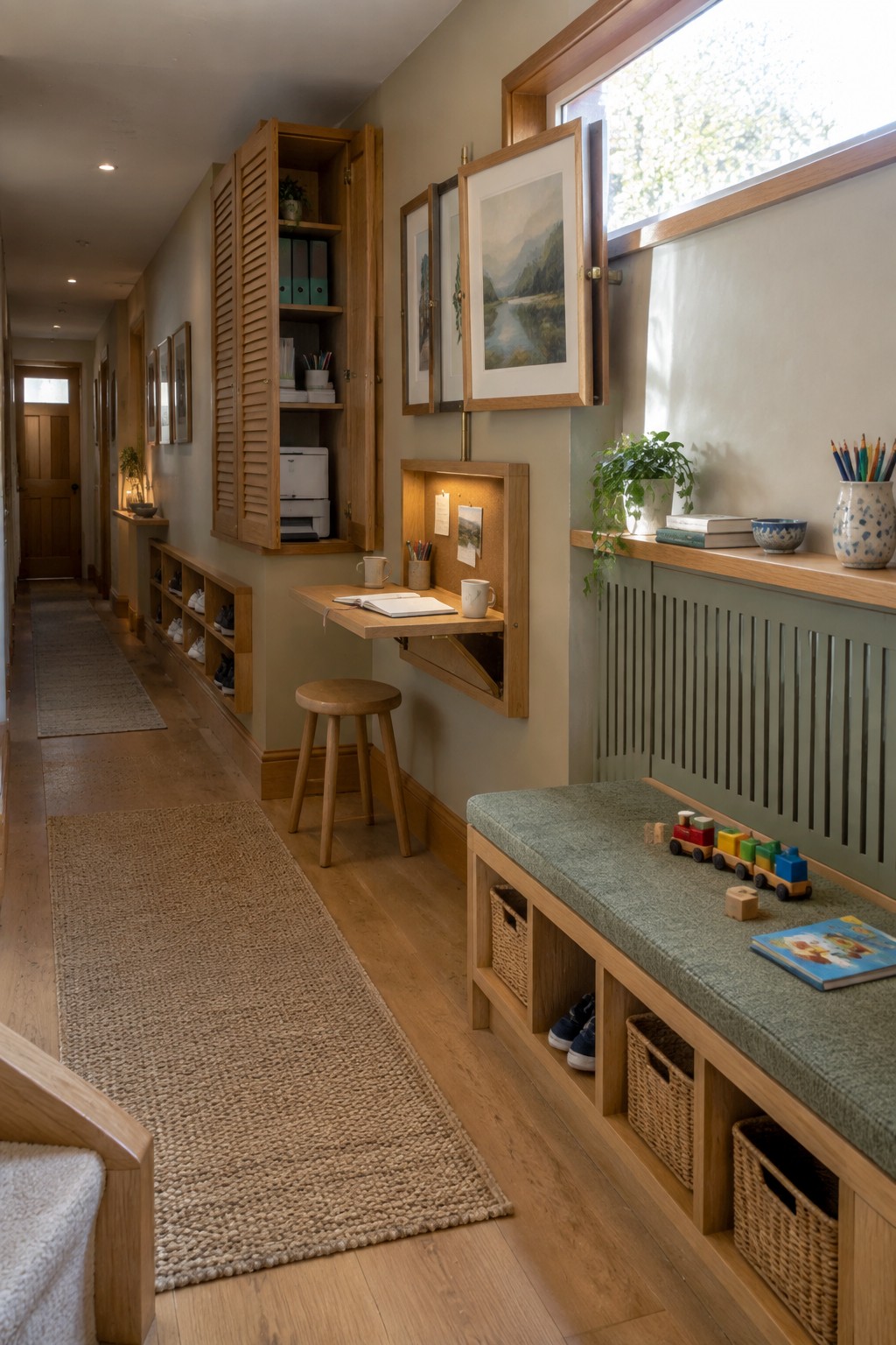 Wooden hallway with built-in desk, storage bench, toys, rugs, and framed art.