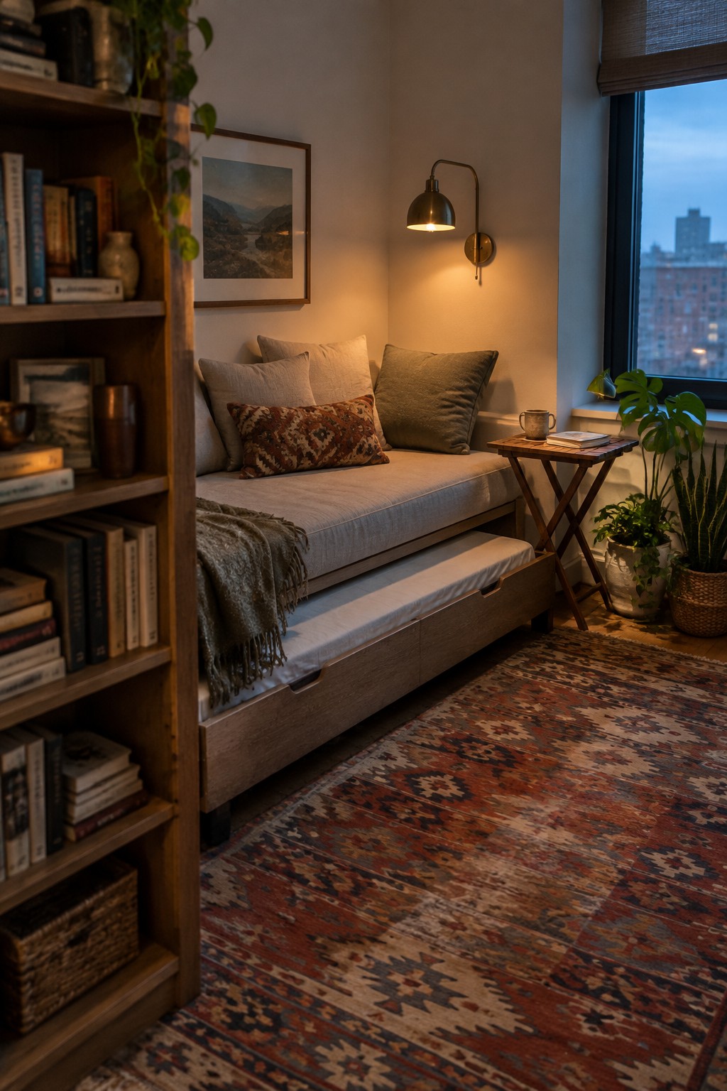 A wooden daybed with pull-out trundle in a cozy corner, layered with neutral and patterned pillows, a throw blanket, wall sconce above, and a small wooden side table beside a window.