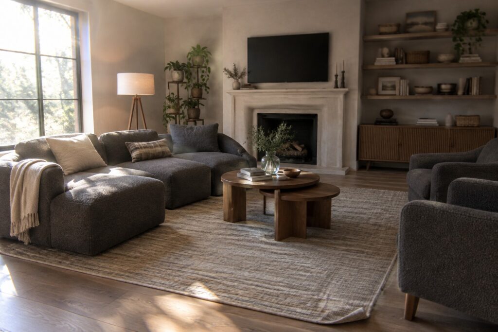 A living room featuring modular gray sectional sofas, matching armchairs, a round wooden coffee table, and a white marble fireplace.