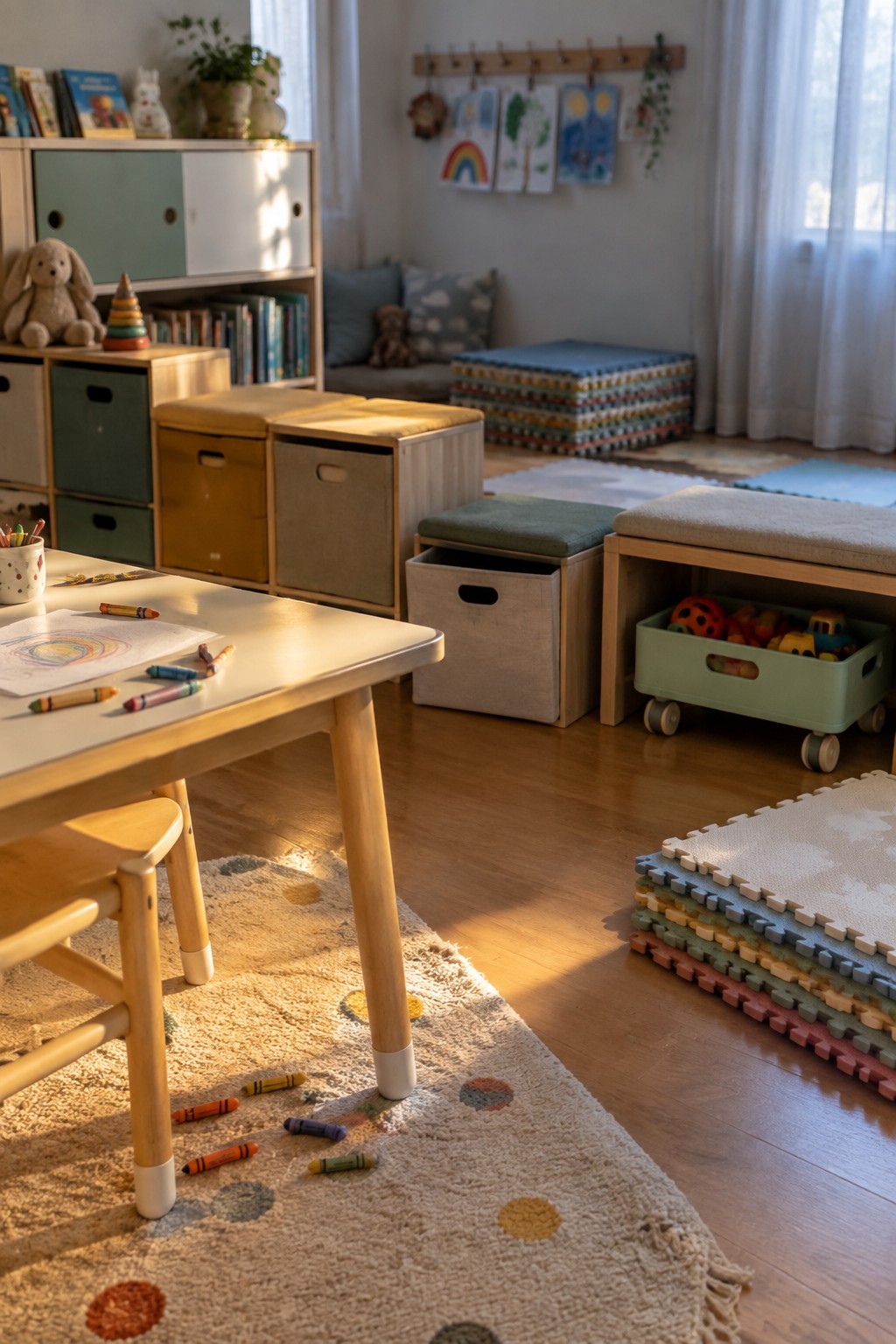 Sunlit children's playroom with crayon-strewn wooden table, dotted rug, and toy-filled storage bins