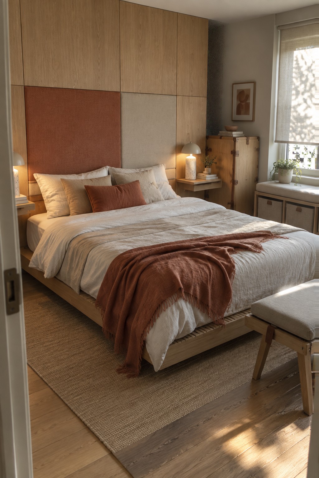 A bedroom with a wooden platform bed against a wall featuring a large modular headboard made of wood panels and fabric sections in rust and beige tones, layered with neutral and terracotta bedding.