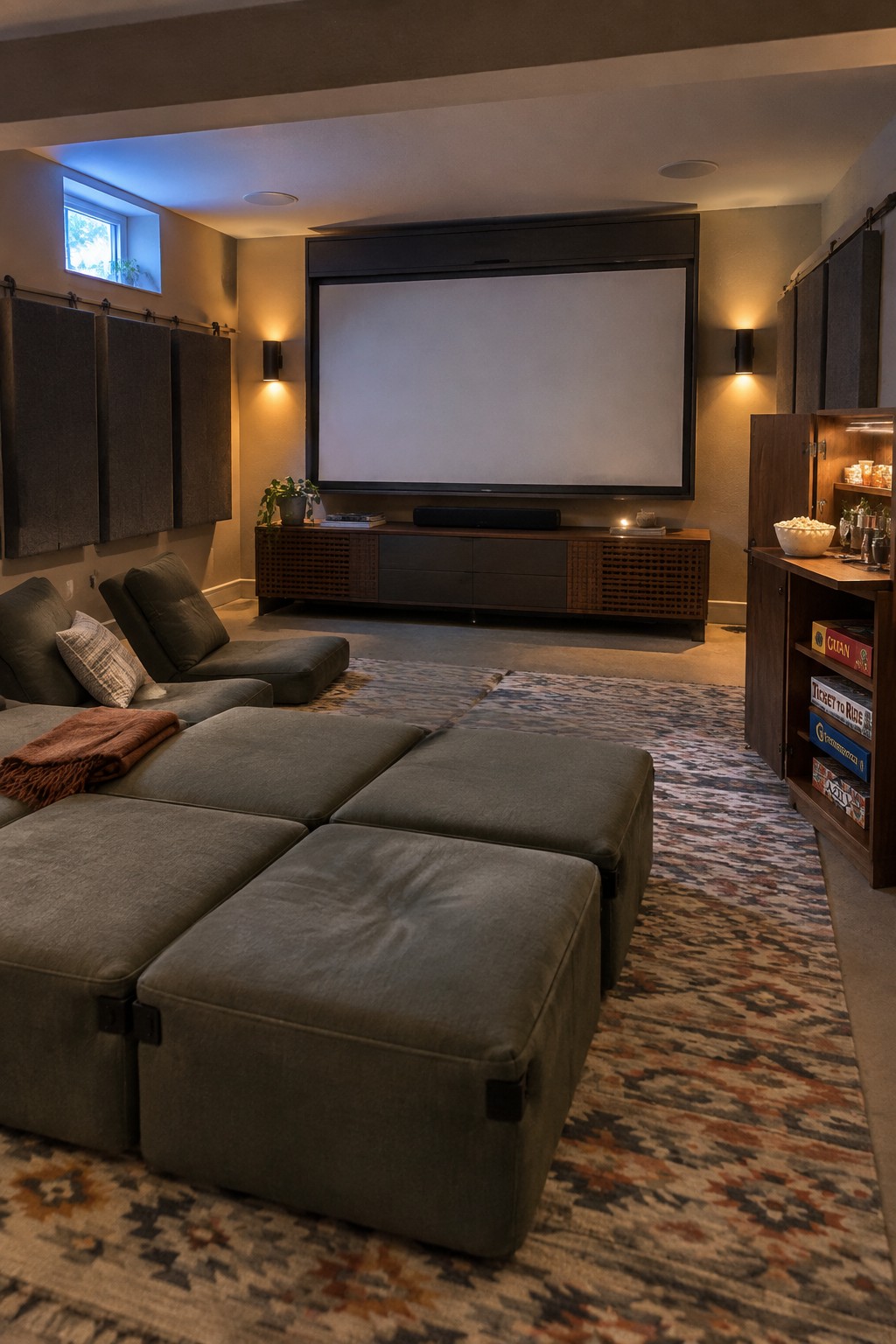 Modern home theater with large screen, gray modular ottomans, and patterned rug
