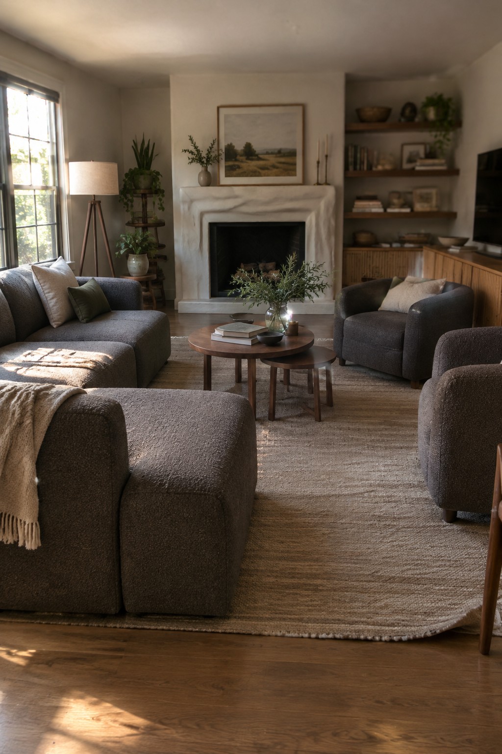 A living room featuring modular gray sectional sofas, matching armchairs, a round wooden coffee table, and a white marble fireplace.