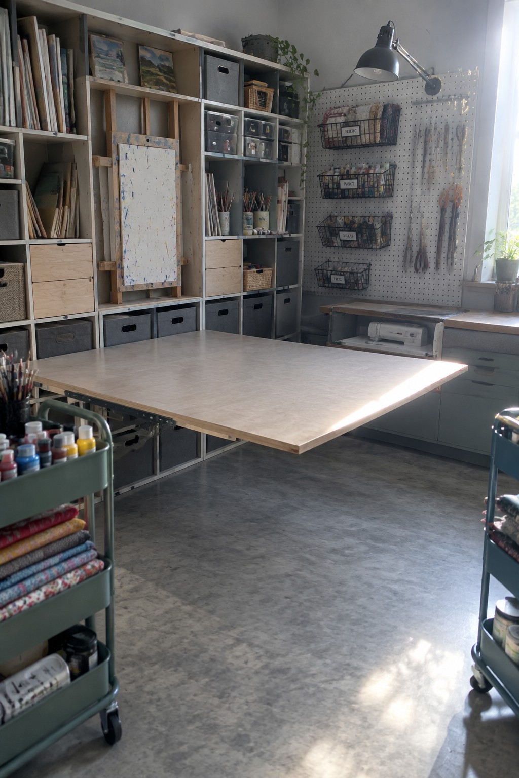 A craft room interior with a large light wood work table, modular gray and wood shelving filled with bins and art supplies, a white pegboard with hanging tools, and two rolling carts holding fabric and paint.