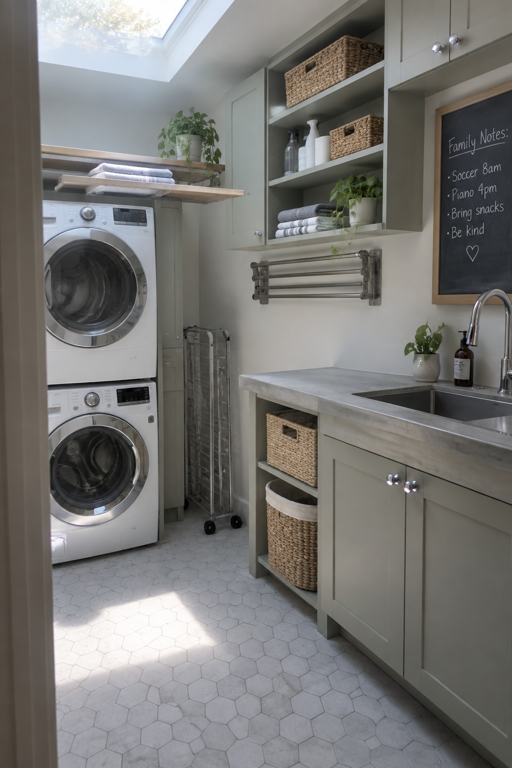 A laundry room interior with stacked white washer and dryer, sage green cabinetry and open shelves holding woven baskets, a stainless steel rolling drying rack, and a concrete countertop with sink.
