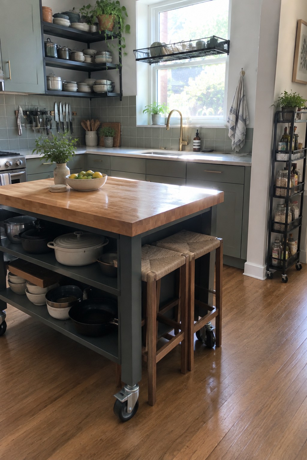 A kitchen interior showing a large wooden island on wheels with two woven stools underneath, open lower shelves holding pots and pans, and gray cabinetry with a sink under the window.