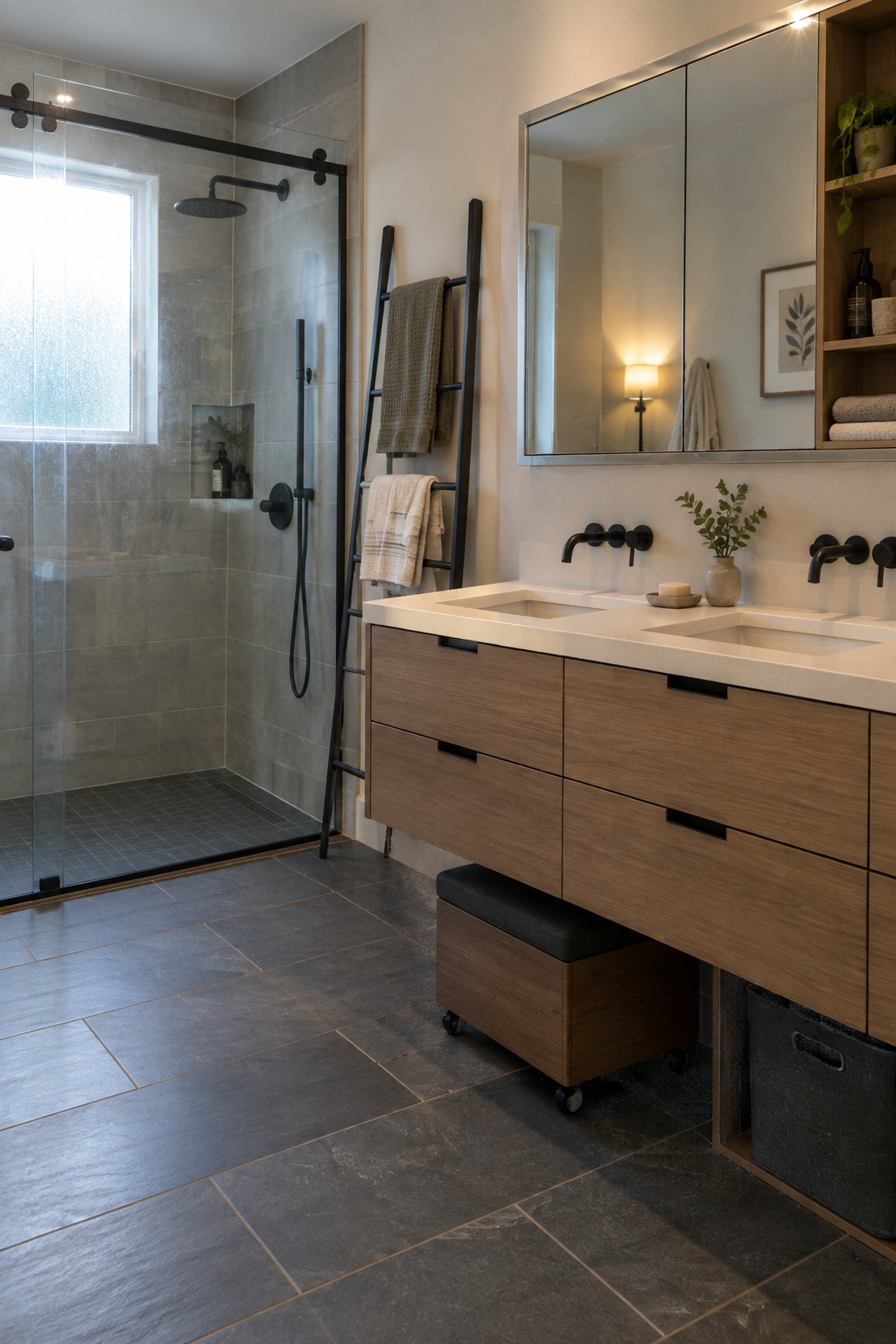 A bathroom with a long wooden double vanity, white countertop, black faucets, and a rolling wooden ottoman with a dark cushion positioned underneath the left side of the vanity.